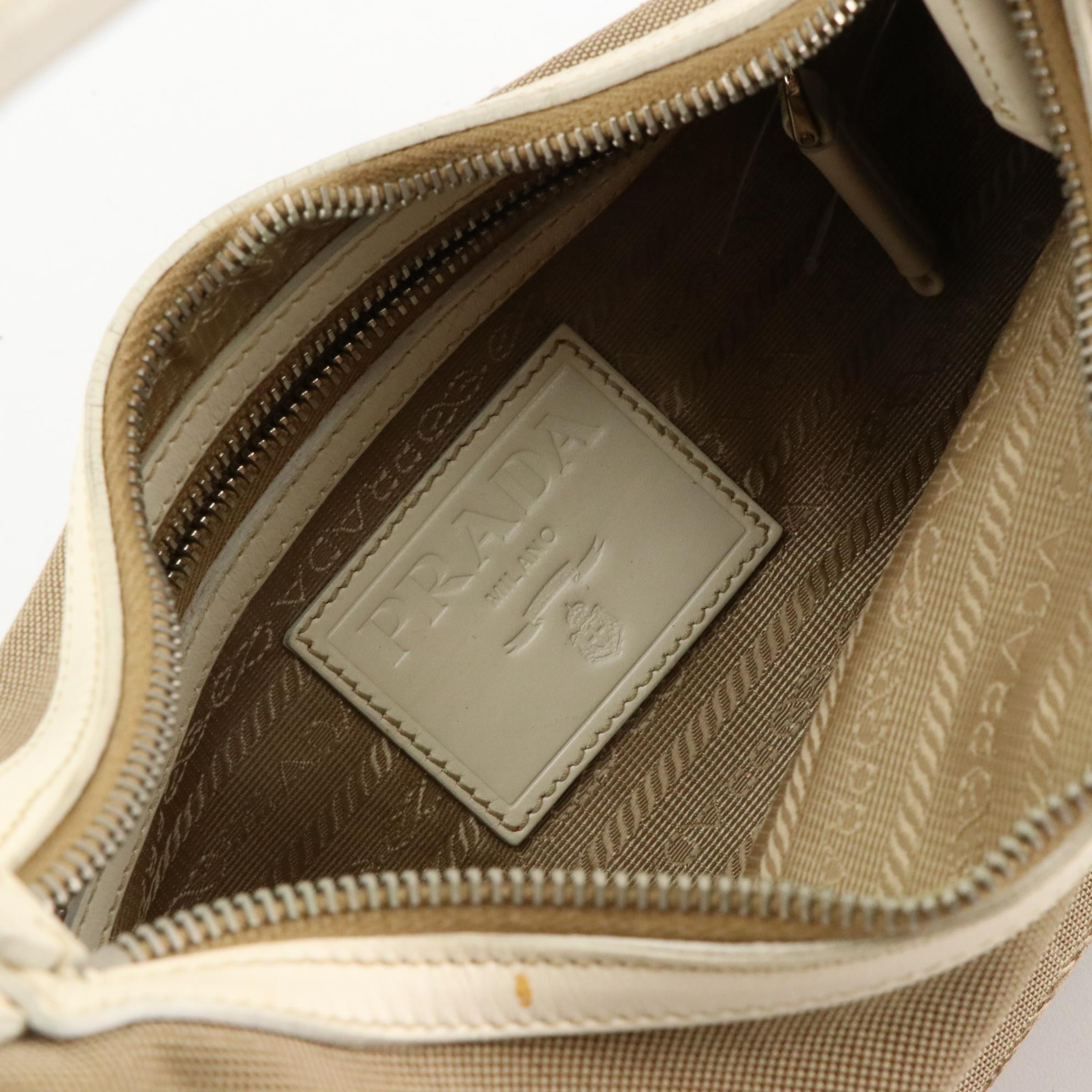 Prada Beige Jacquard Logo Shoulder Bag with White Leather Trim