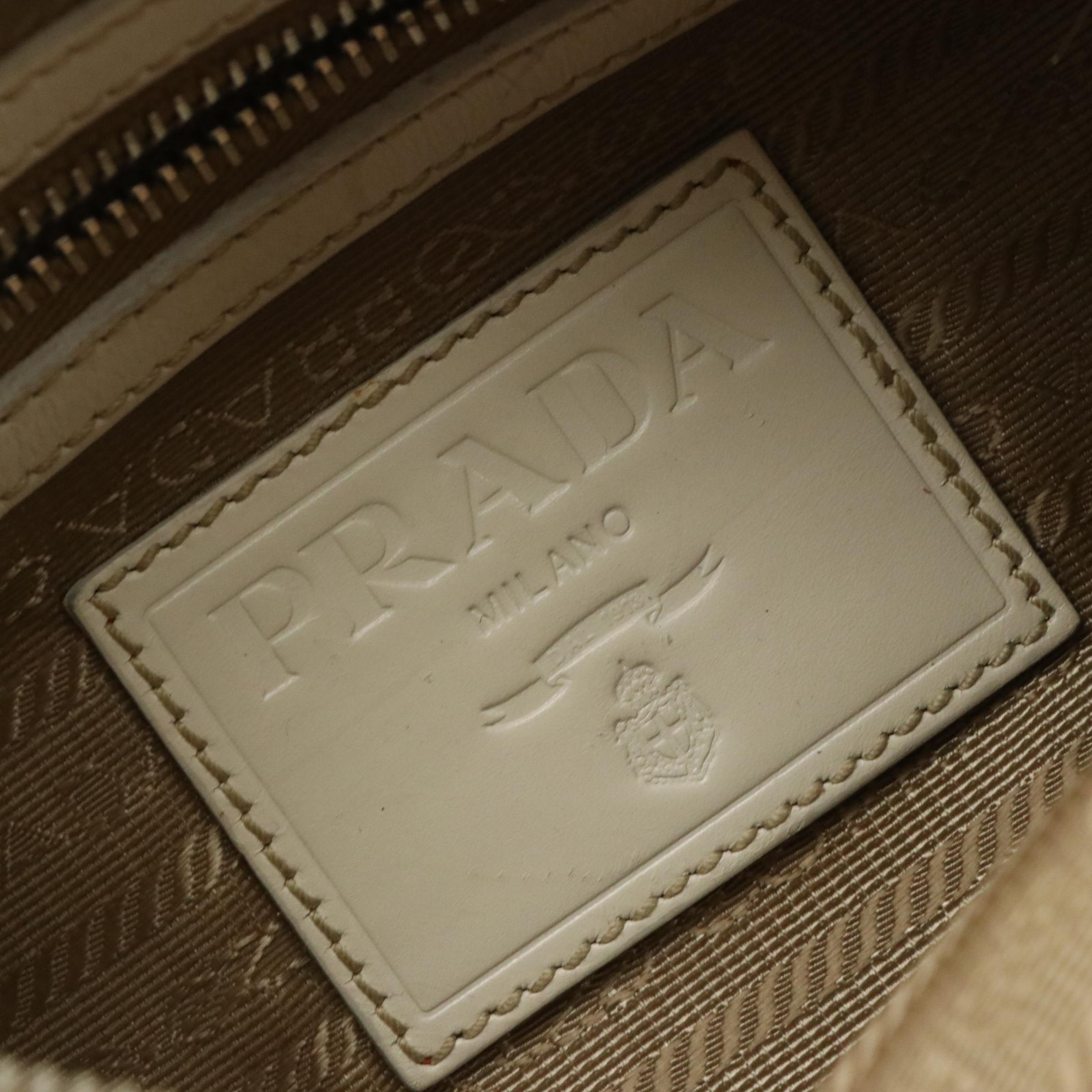 Prada Beige Jacquard Logo Shoulder Bag with White Leather Trim