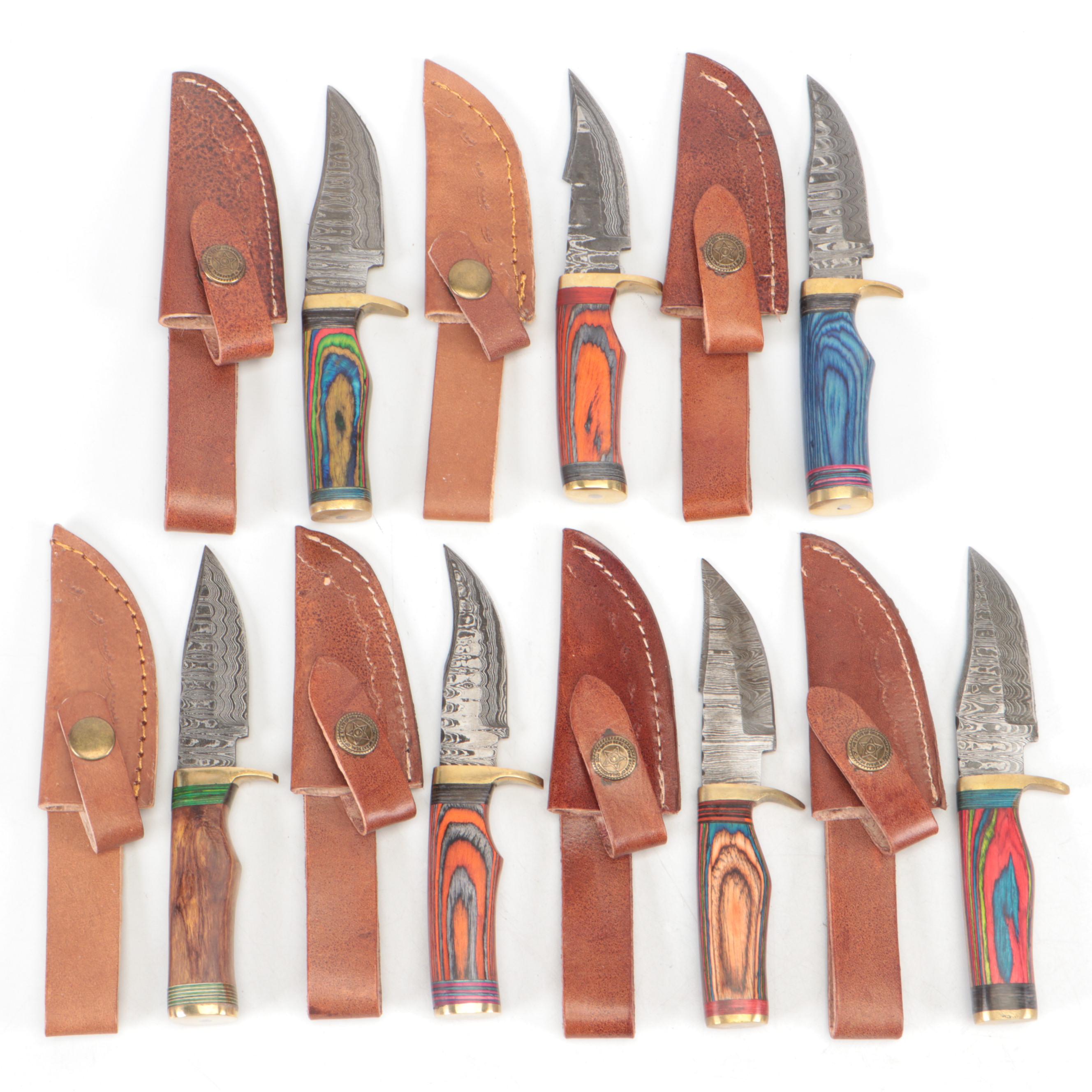 Damascus Steel Hunting Knives in Leather Sheaths