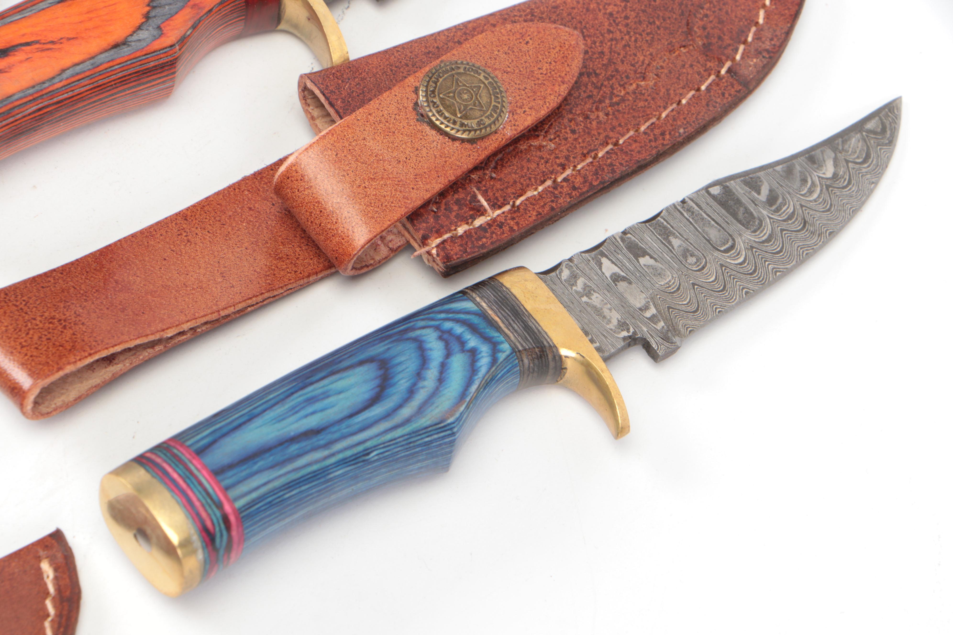 Damascus Steel Hunting Knives in Leather Sheaths