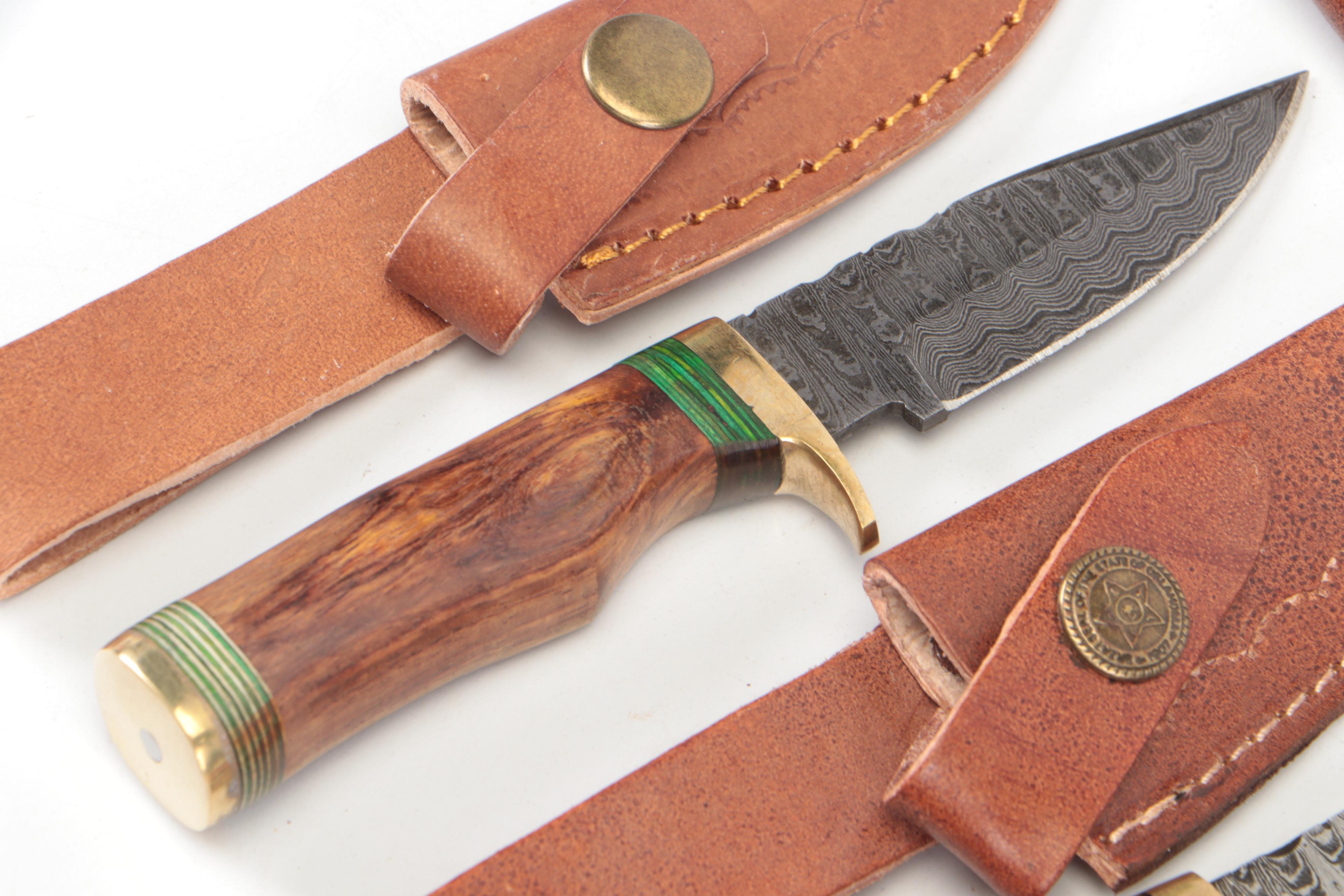 Damascus Steel Hunting Knives in Leather Sheaths