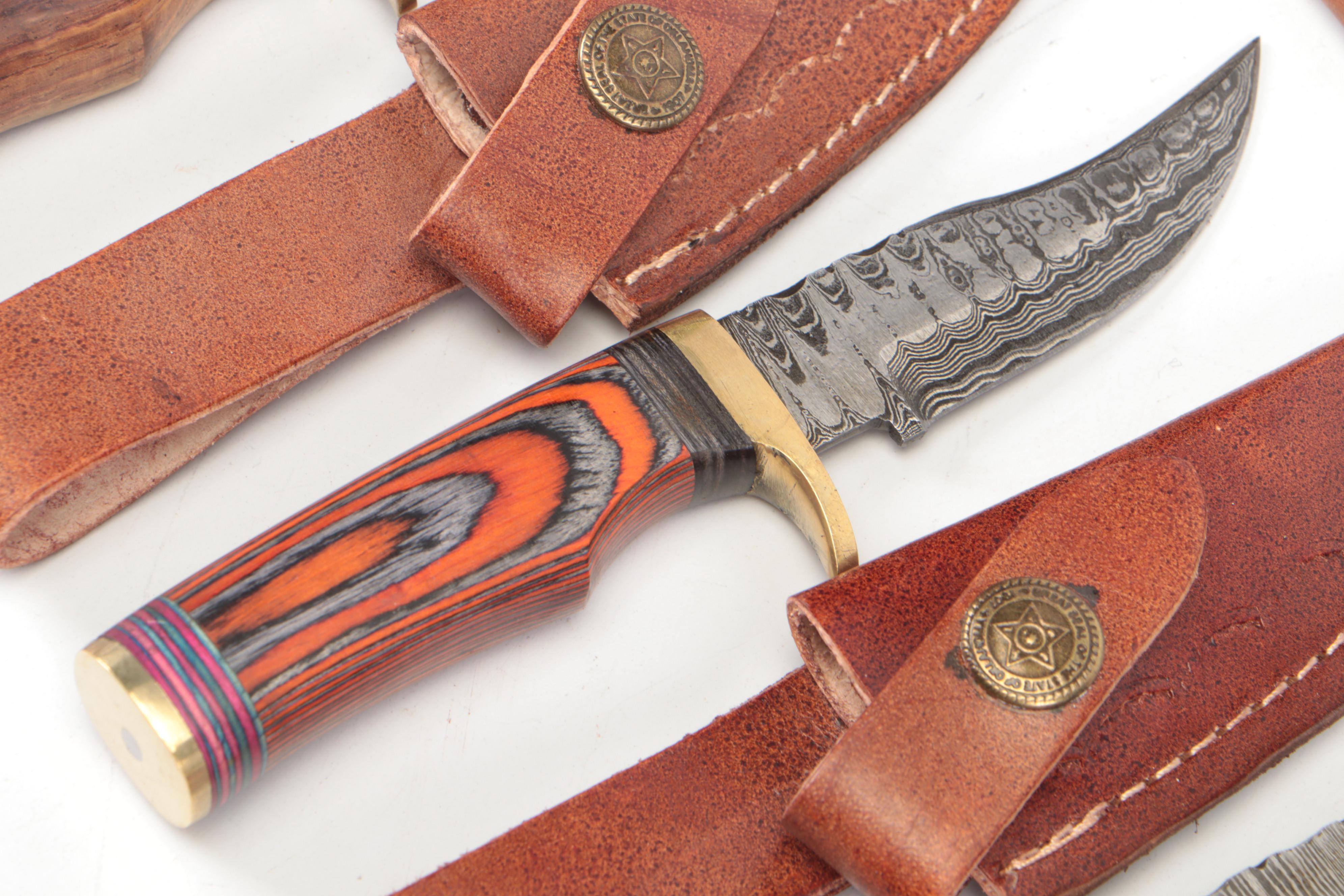 Damascus Steel Hunting Knives in Leather Sheaths