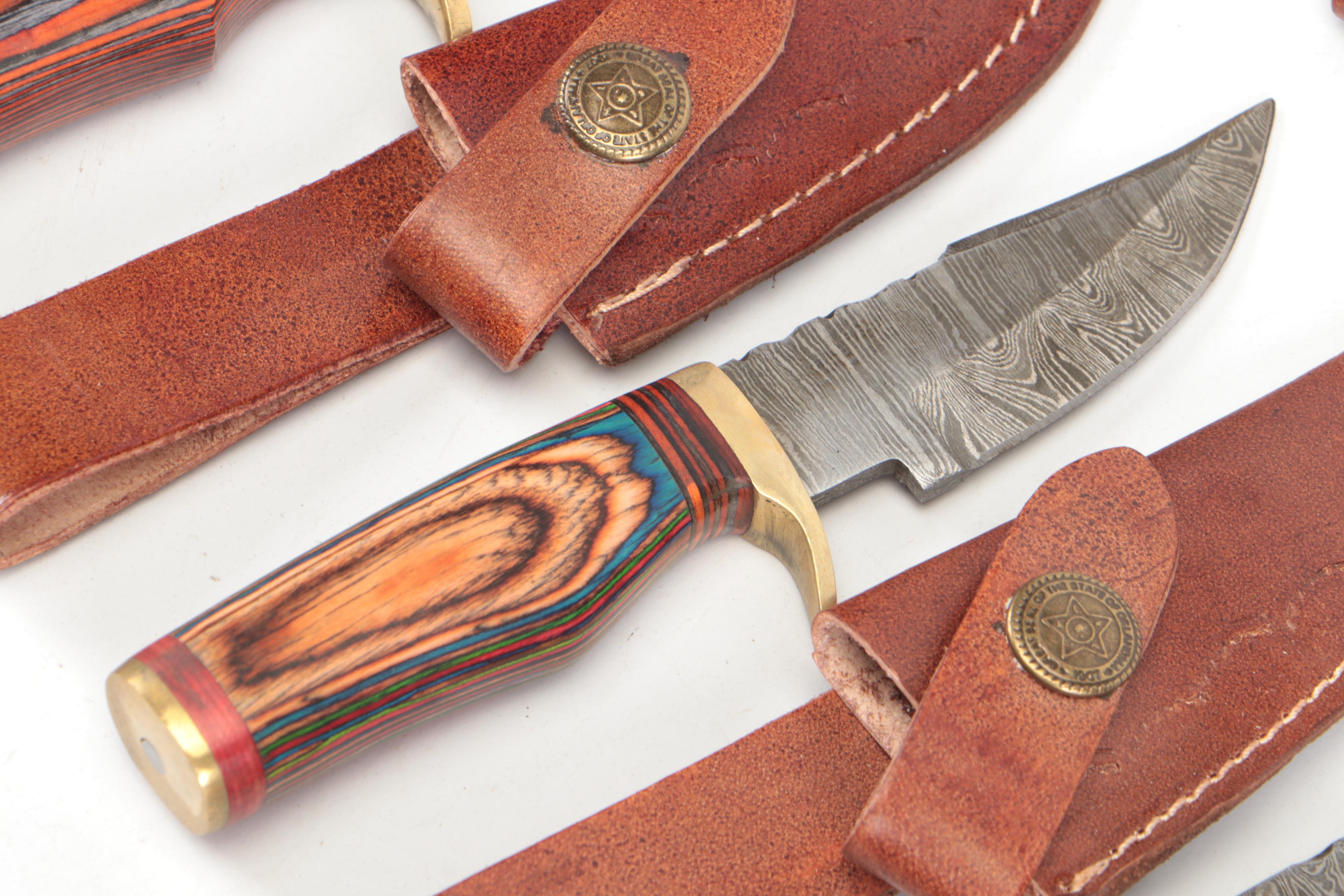 Damascus Steel Hunting Knives in Leather Sheaths