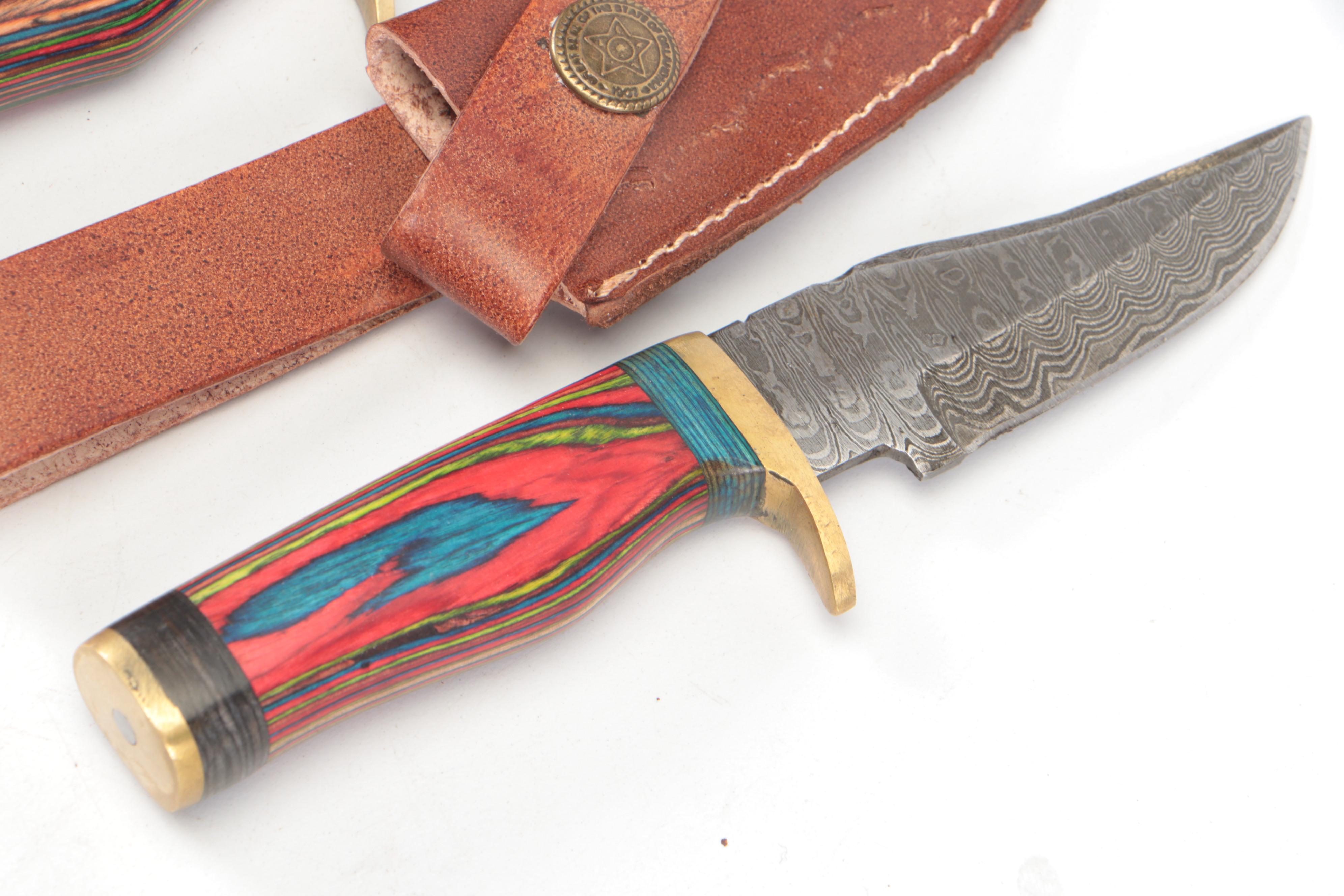 Damascus Steel Hunting Knives in Leather Sheaths