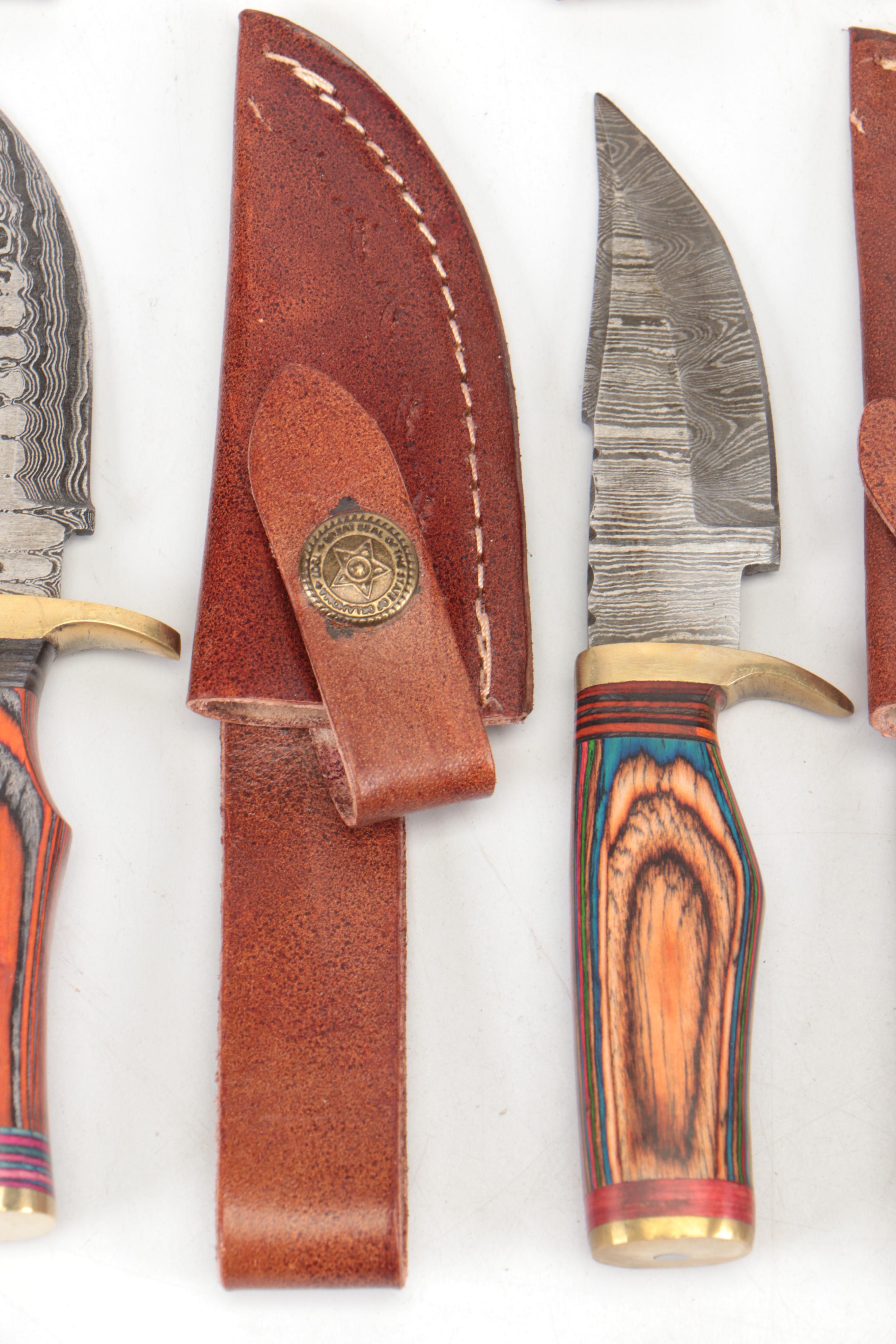 Damascus Steel Hunting Knives in Leather Sheaths
