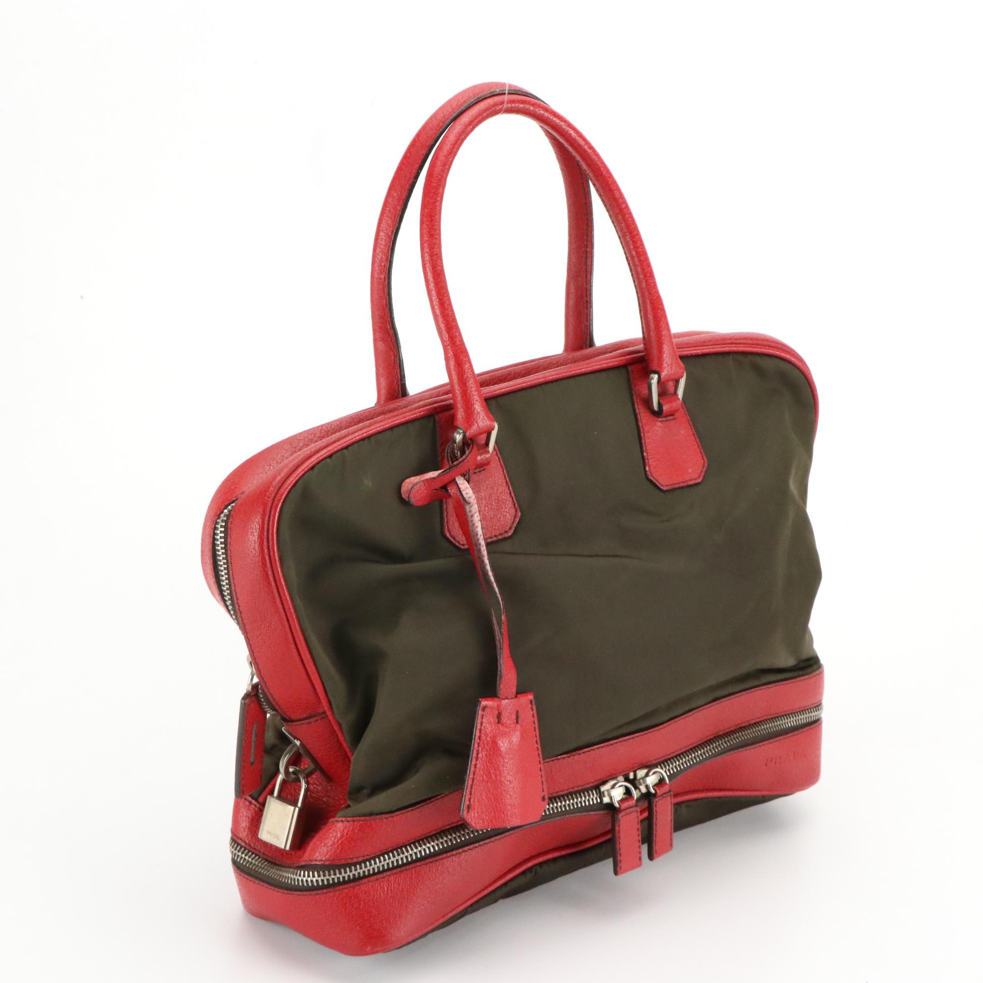 Prada Green Nylon Top Handle Bag with Red Leather Trim