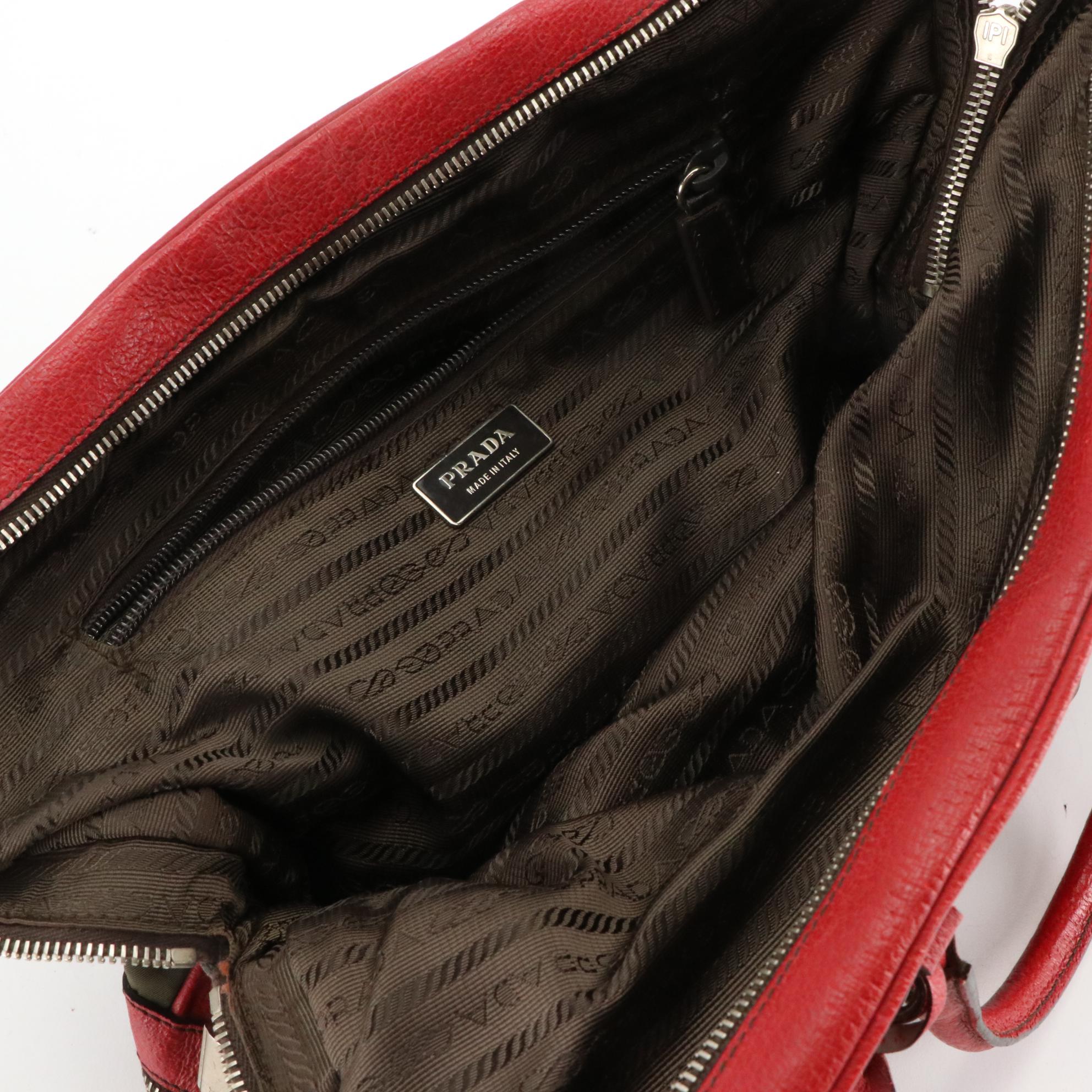 Prada Green Nylon Top Handle Bag with Red Leather Trim