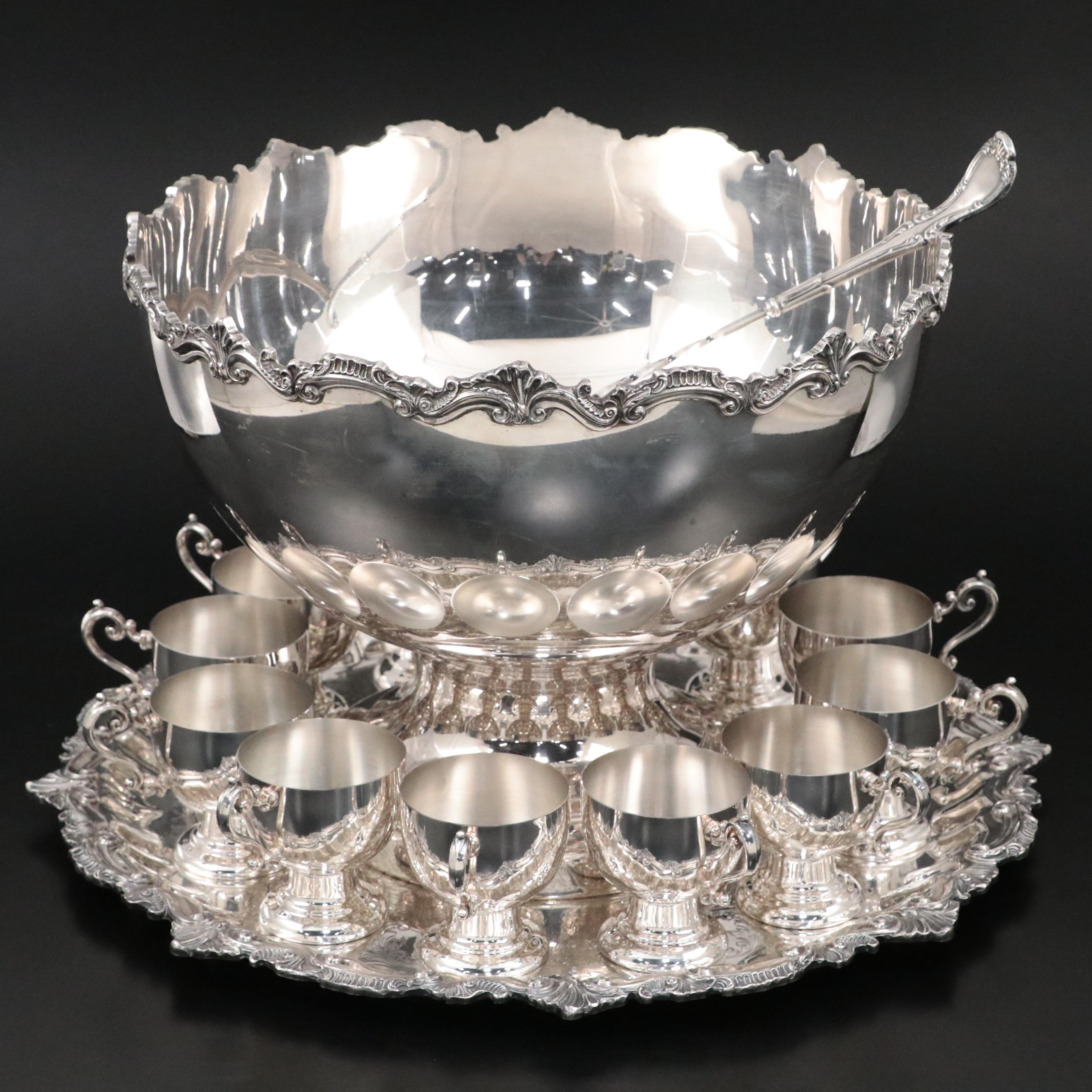 Goldfeder Silver Co. Silver Plate Punch Bowl and Tray with Punch Cups and Ladle