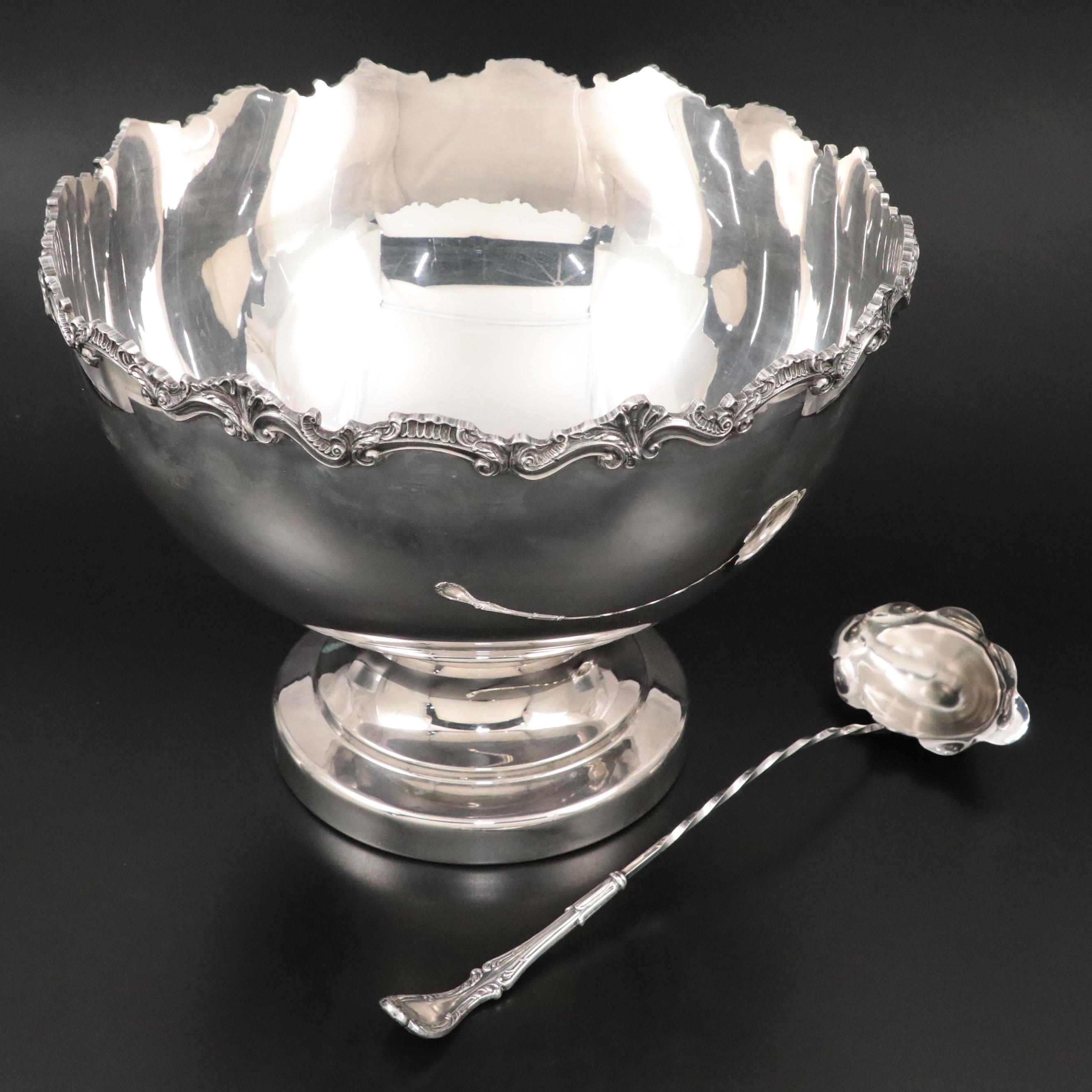 Goldfeder Silver Co. Silver Plate Punch Bowl and Tray with Punch Cups and Ladle