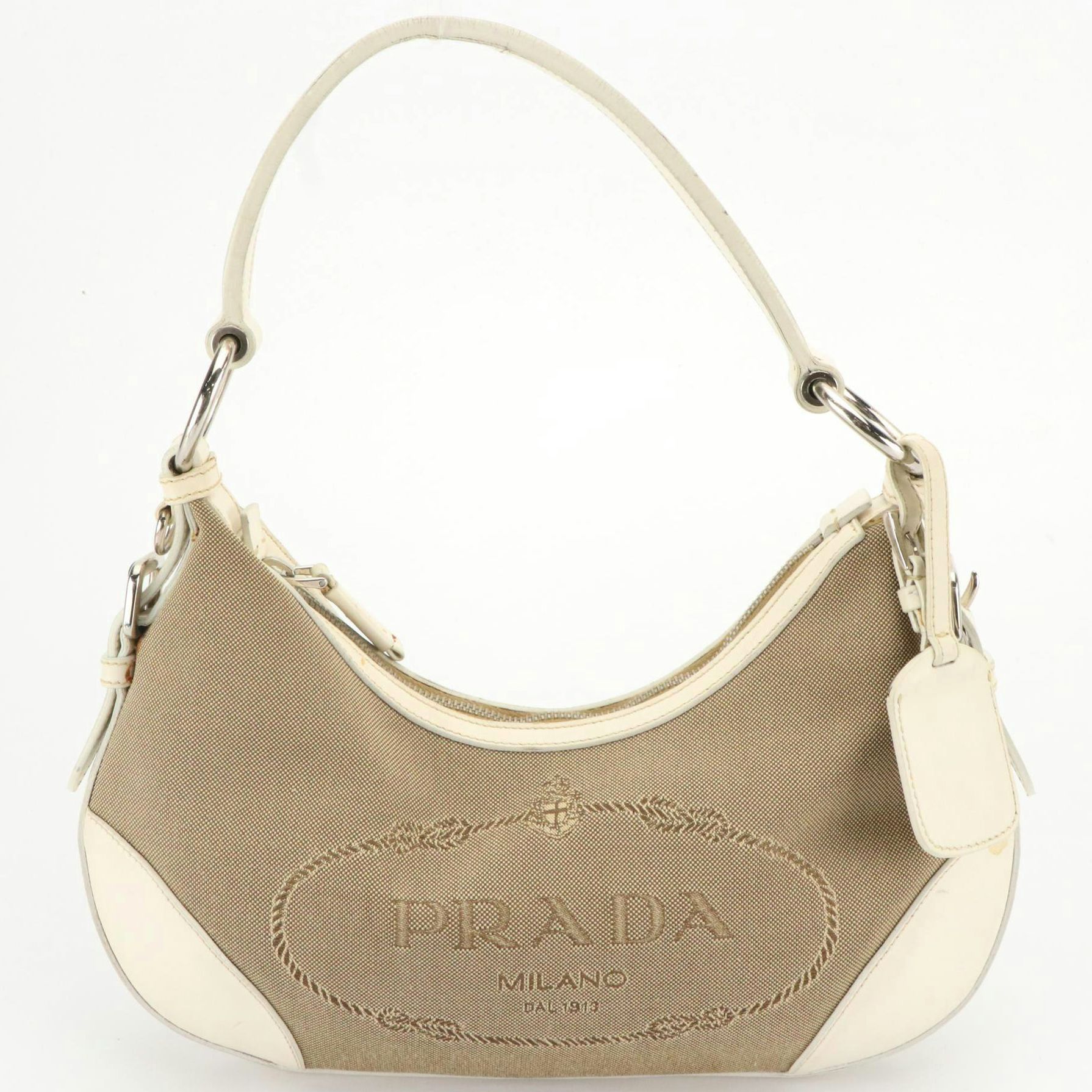 Prada Beige Jacquard Logo Shoulder Bag with White Leather Trim