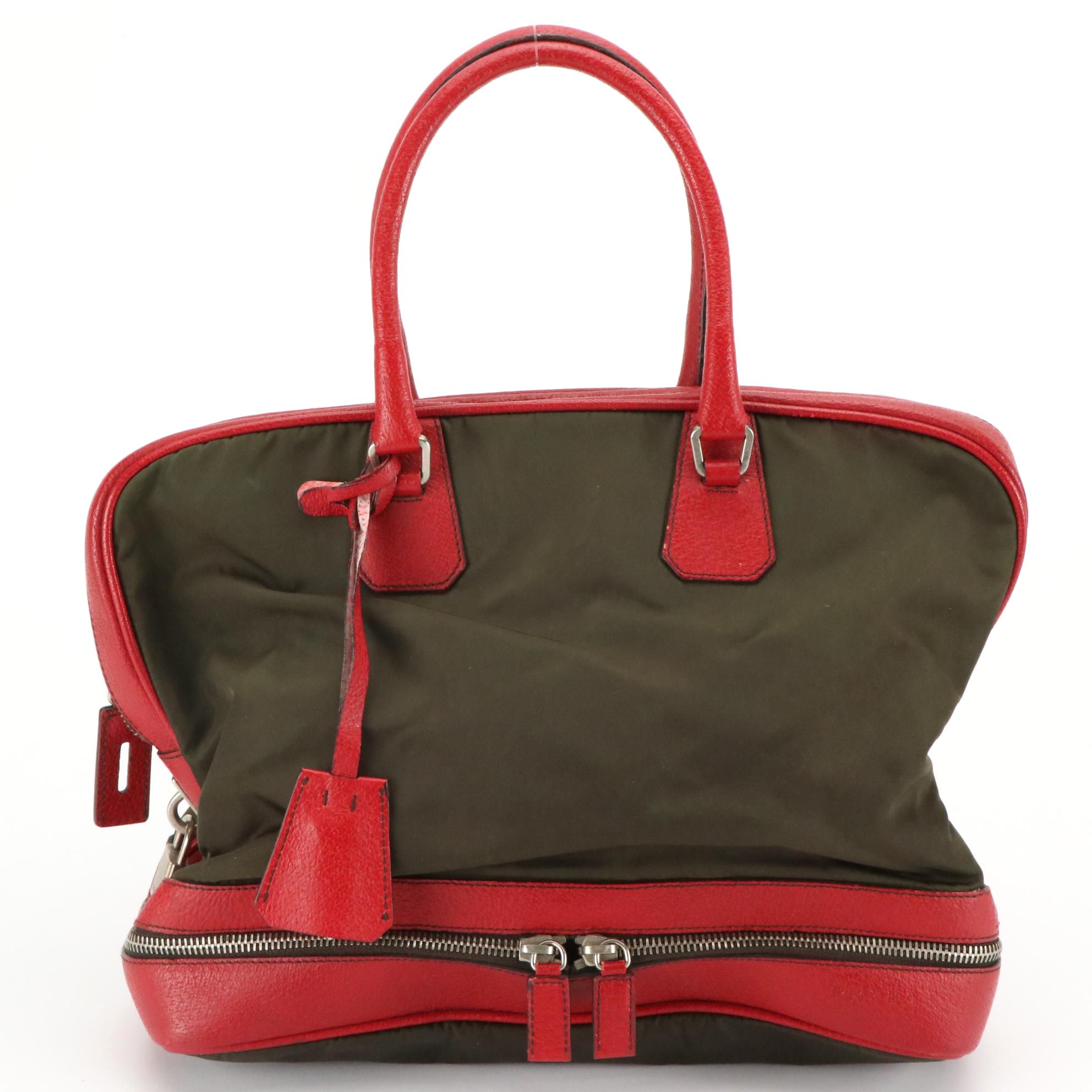 Prada Green Nylon Top Handle Bag with Red Leather Trim