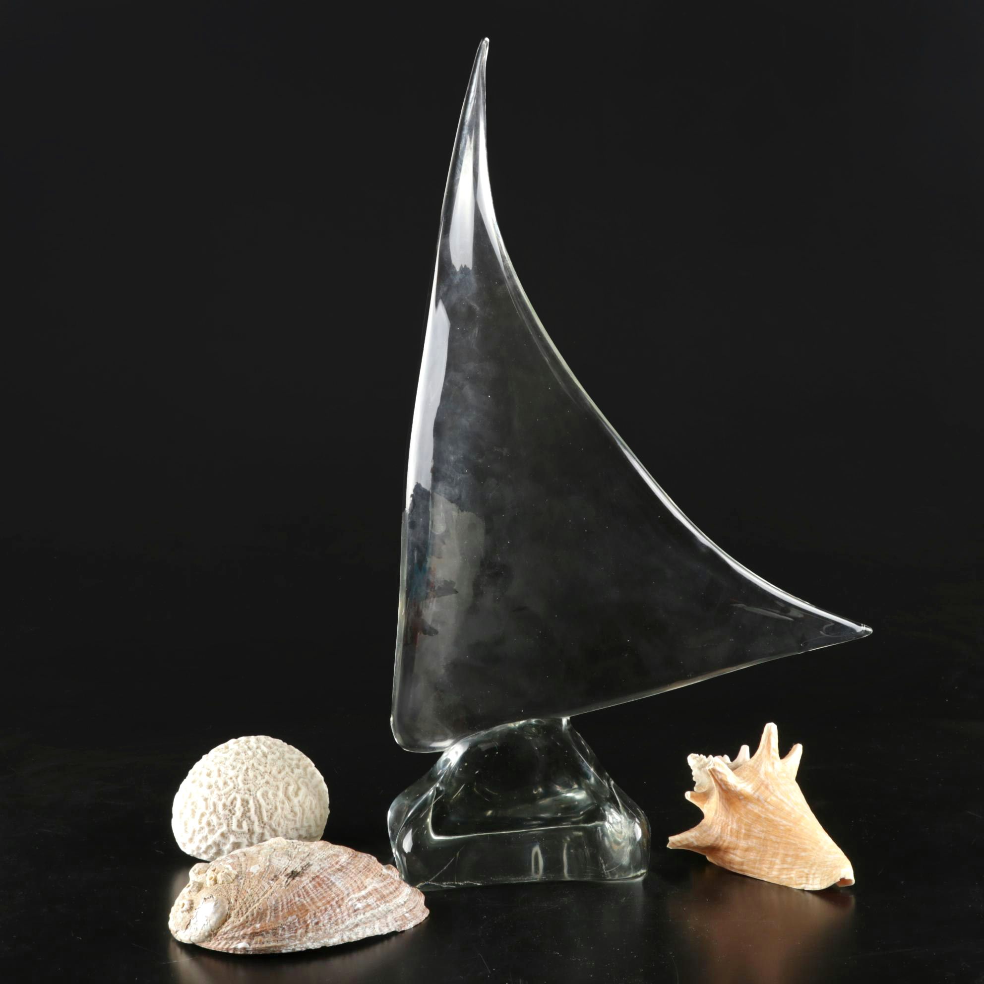 Zanetti Handmade Murano Art Glass Sailboat, Fossil Coral, Abalone, Queen Conch