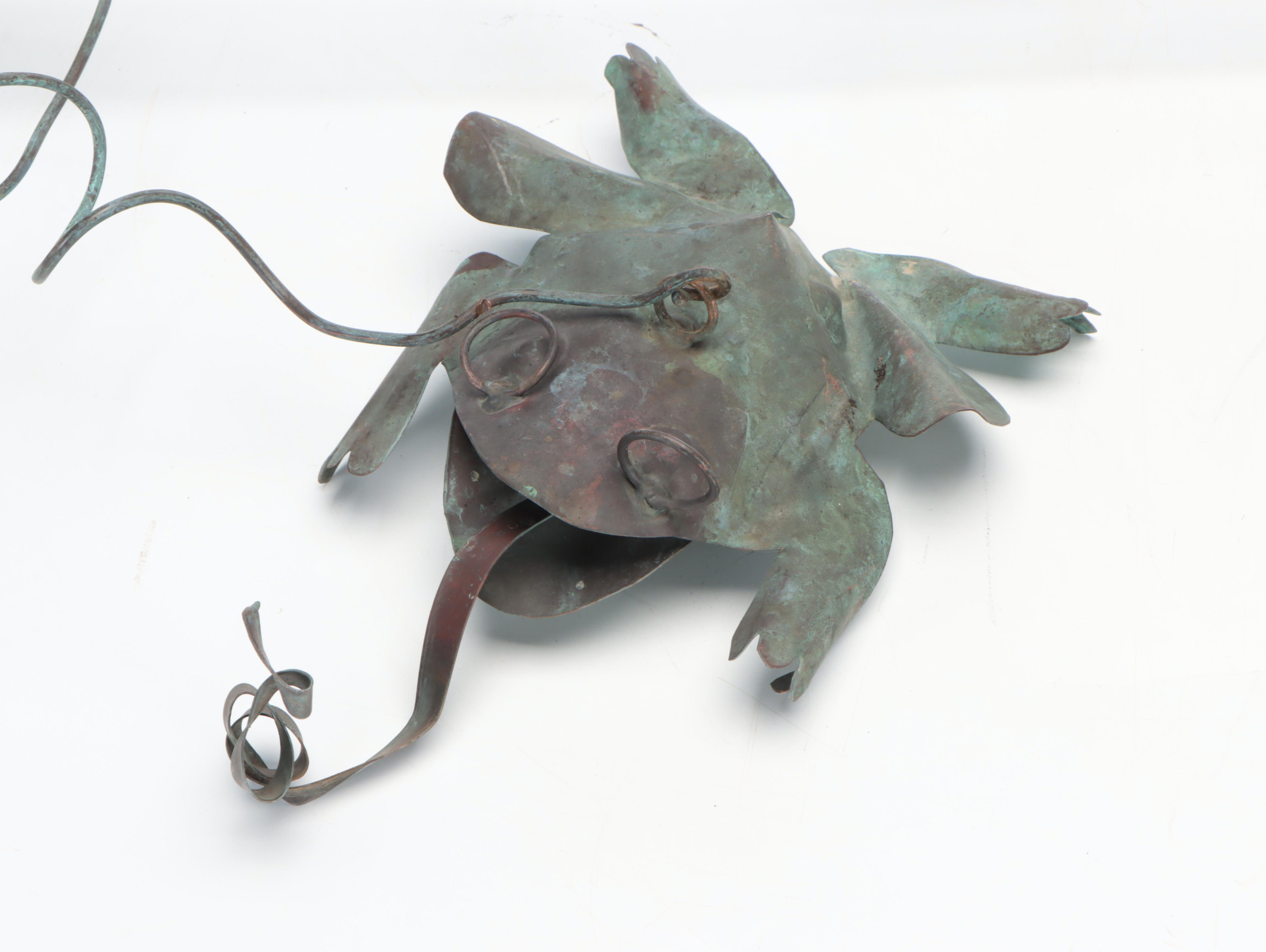 Folk Art Cardinal Kinetic Yard Art With Copper Frog and Glass Orbs