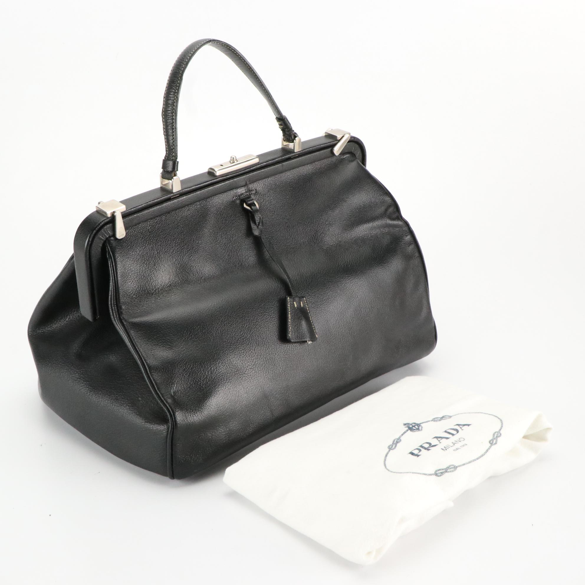 Prada Top Handle Hinge Frame Satchel B11242 in Nero Madras Leather