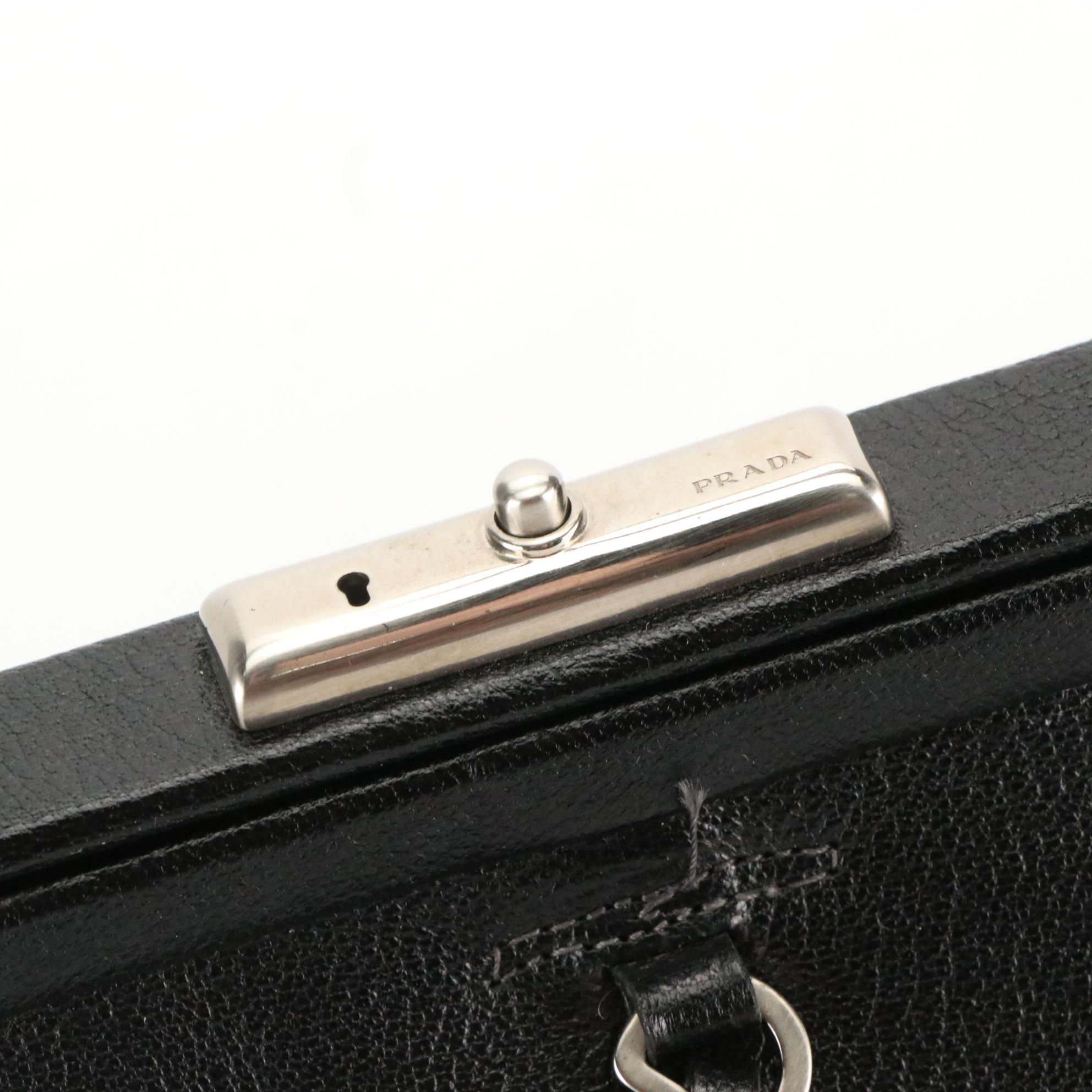 Prada Top Handle Hinge Frame Satchel B11242 in Nero Madras Leather