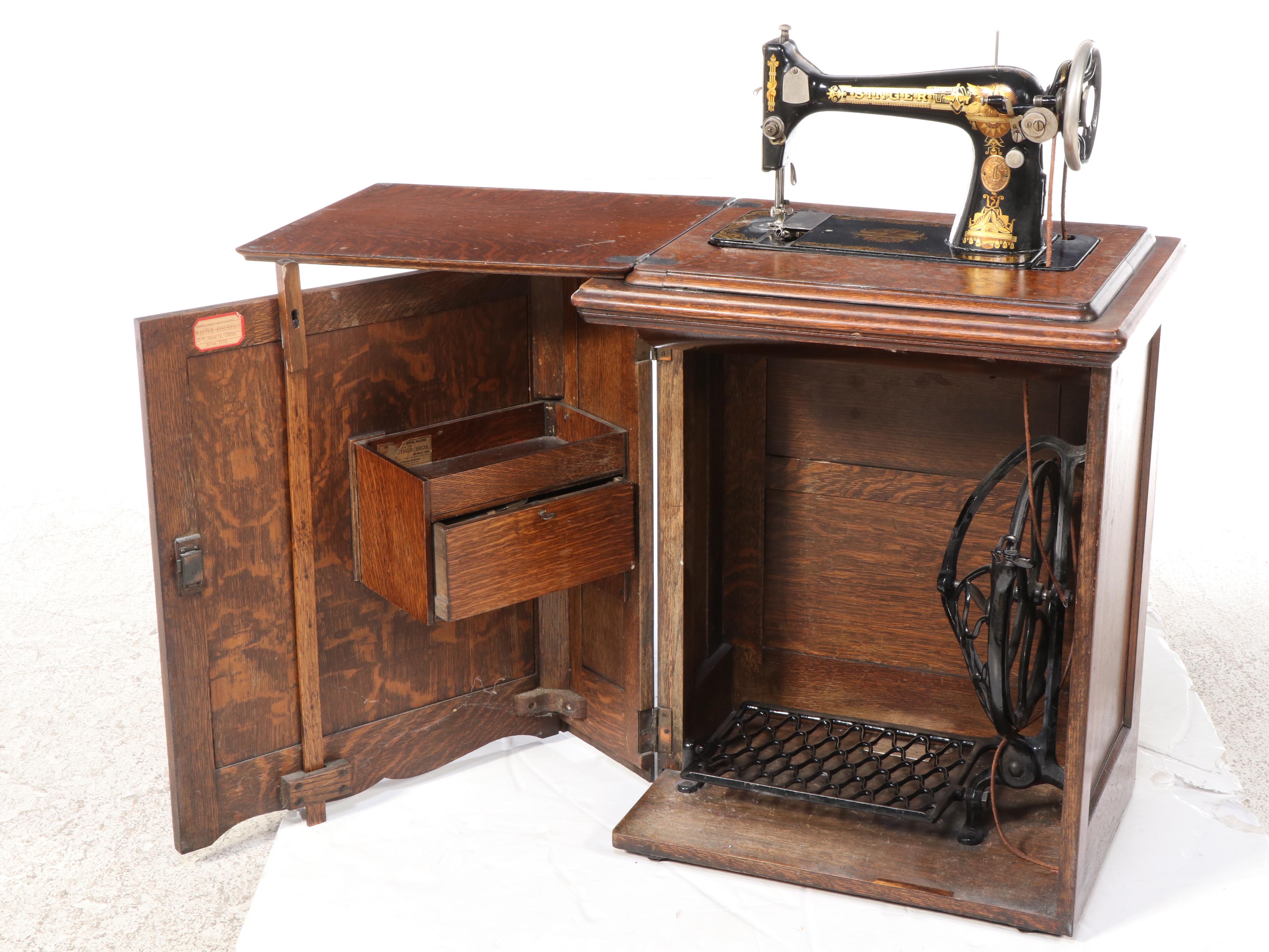 Singer Model 127 Sewing Machine with Oak Sewing Cabinet, 1922