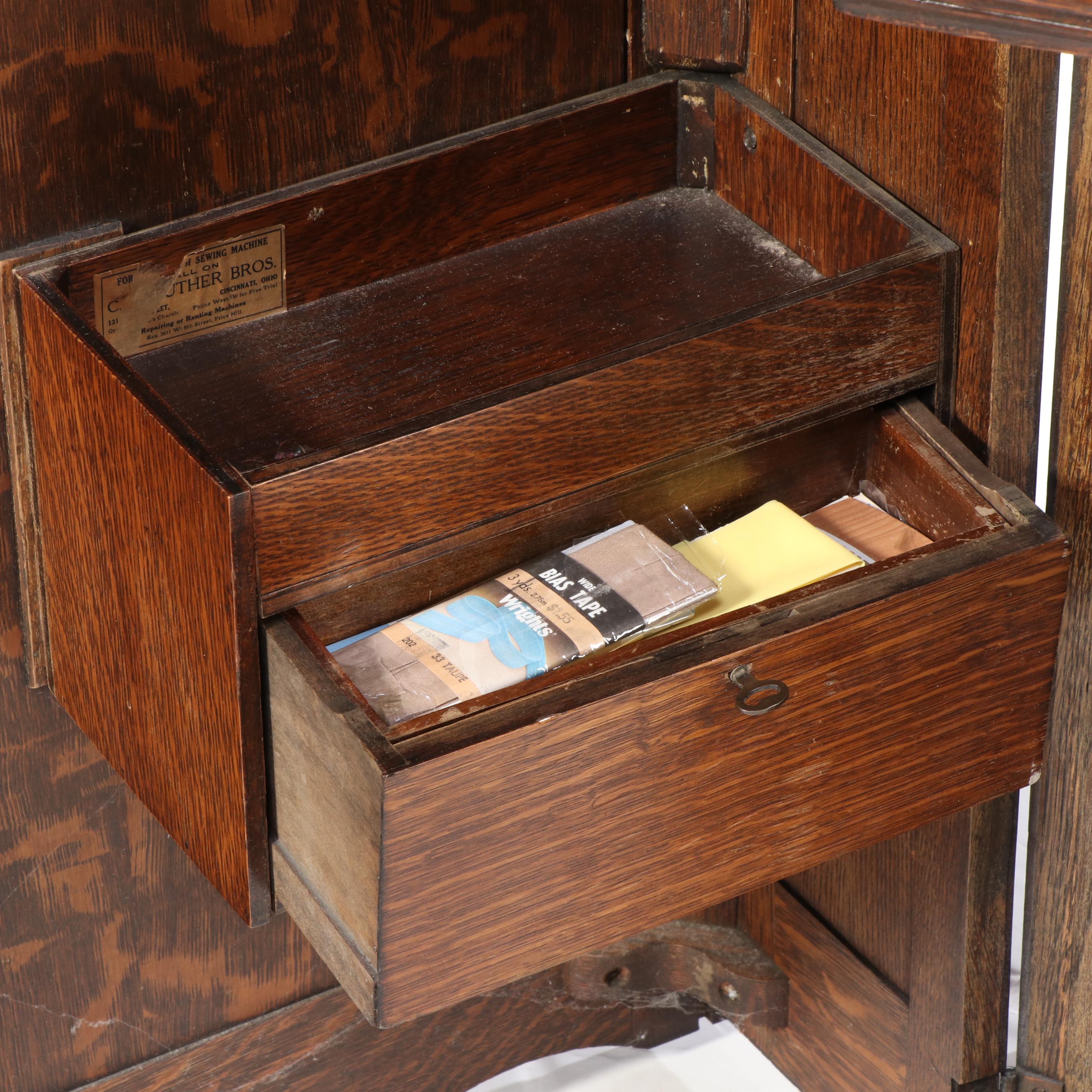 Singer Model 127 Sewing Machine with Oak Sewing Cabinet, 1922