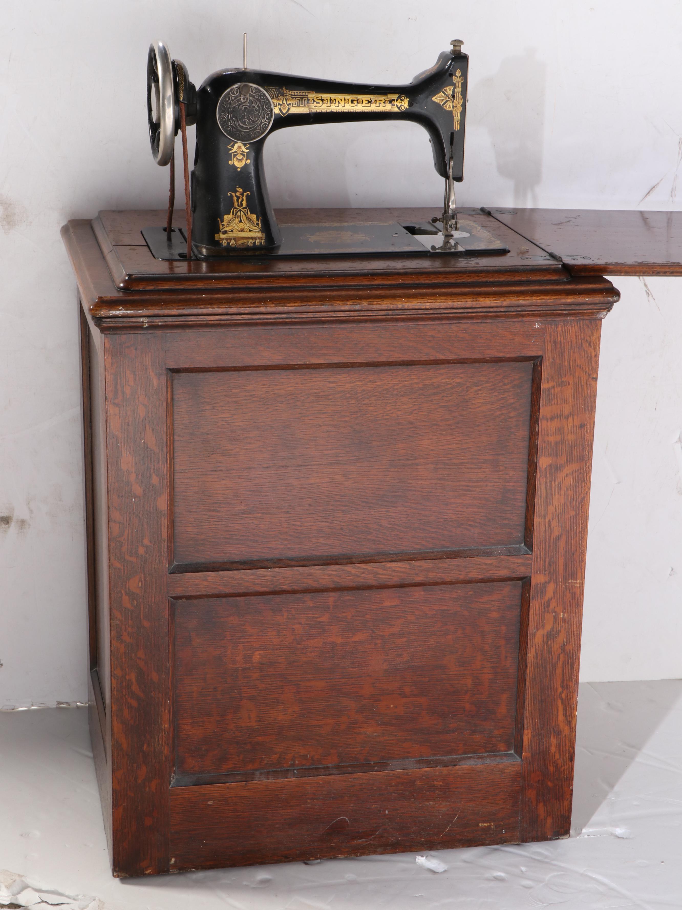 Singer Model 127 Sewing Machine with Oak Sewing Cabinet, 1922