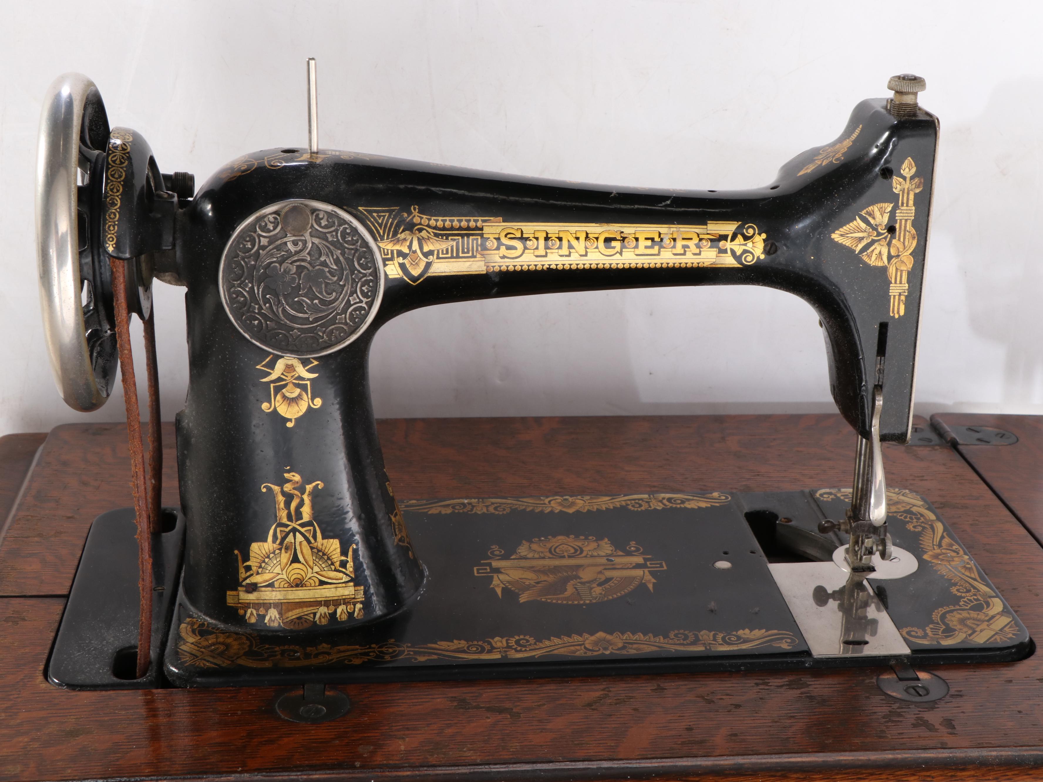 Singer Model 127 Sewing Machine with Oak Sewing Cabinet, 1922