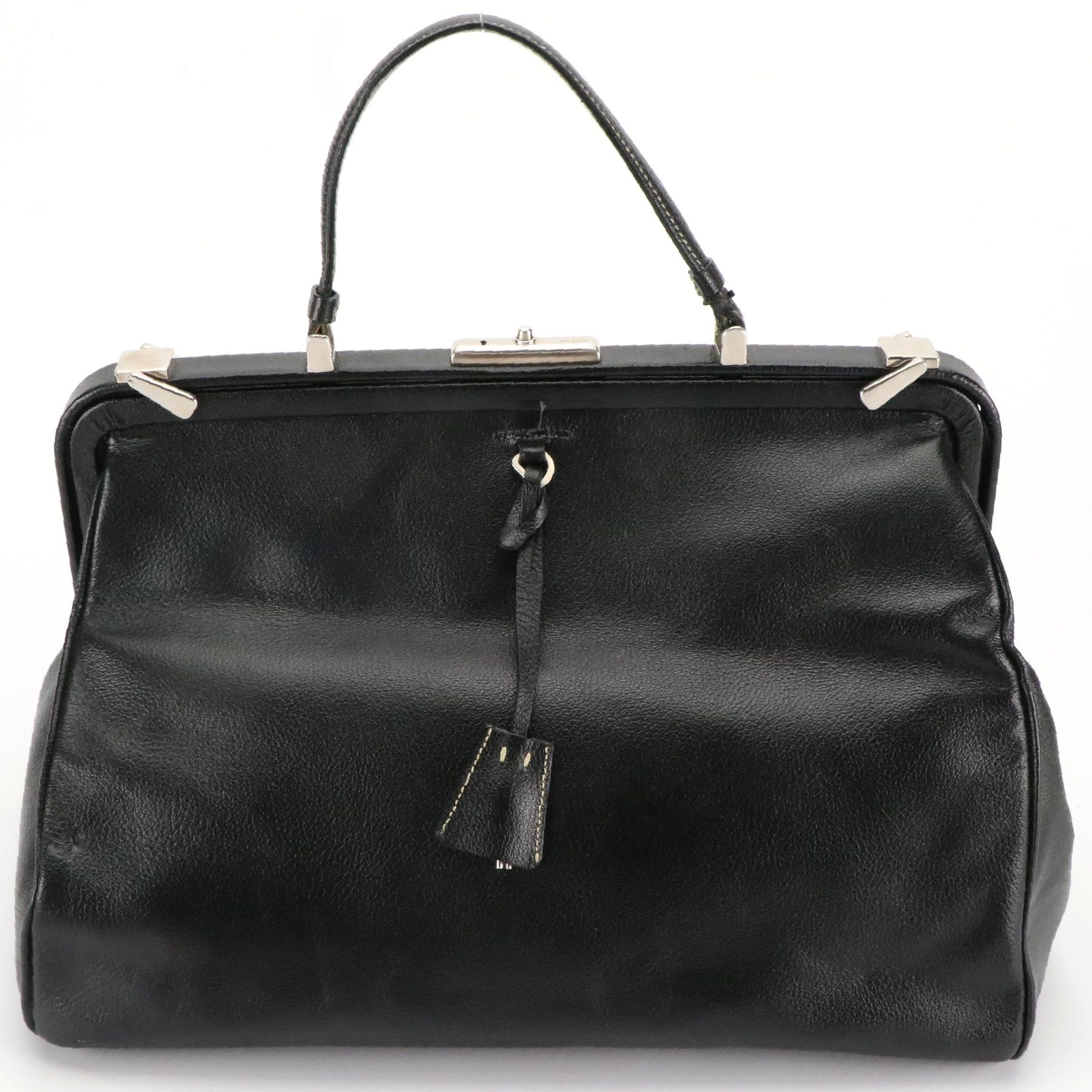 Prada Top Handle Hinge Frame Satchel B11242 in Nero Madras Leather