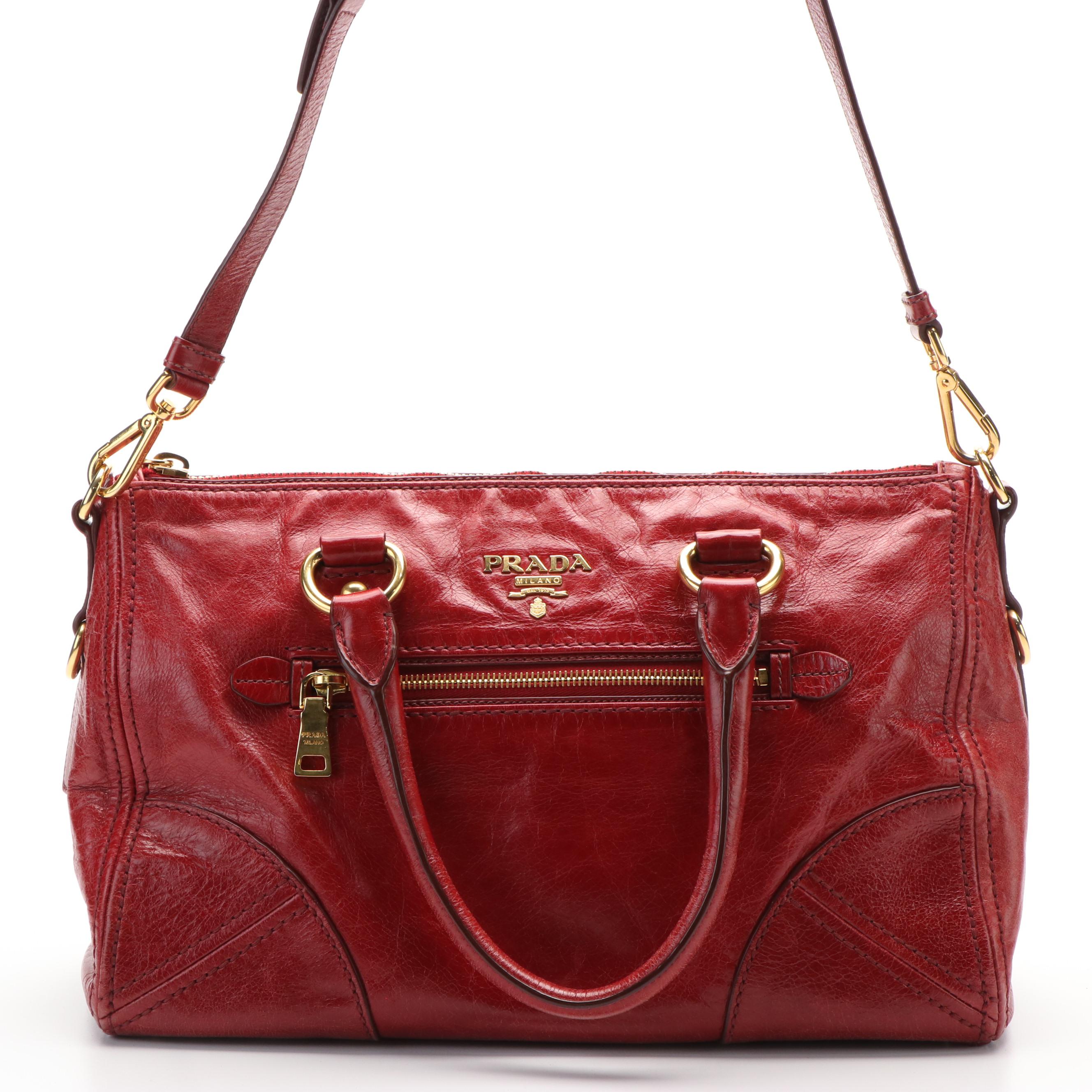 Prada Red Vitello Shine Leather Two Way Boston Bag