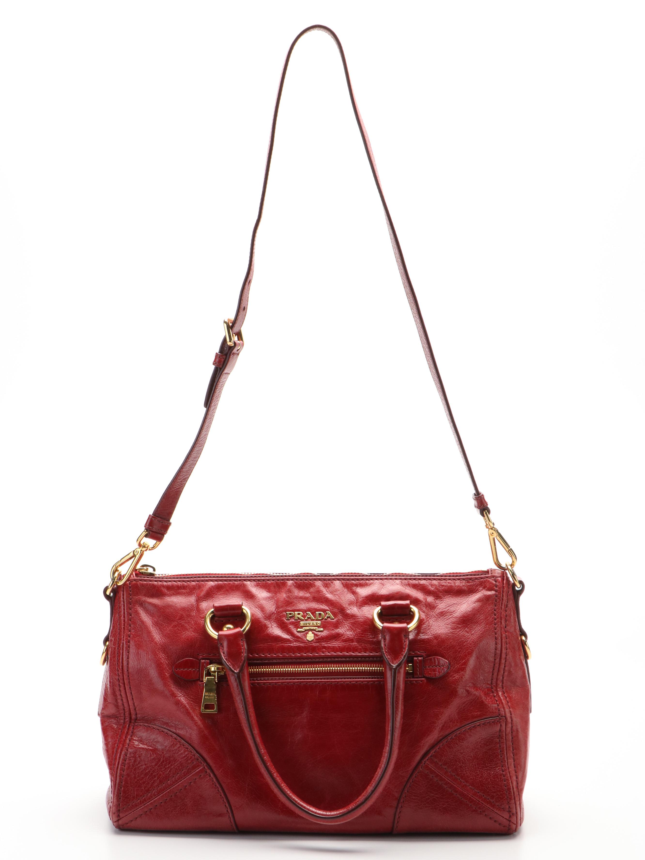 Prada Red Vitello Shine Leather Two Way Boston Bag
