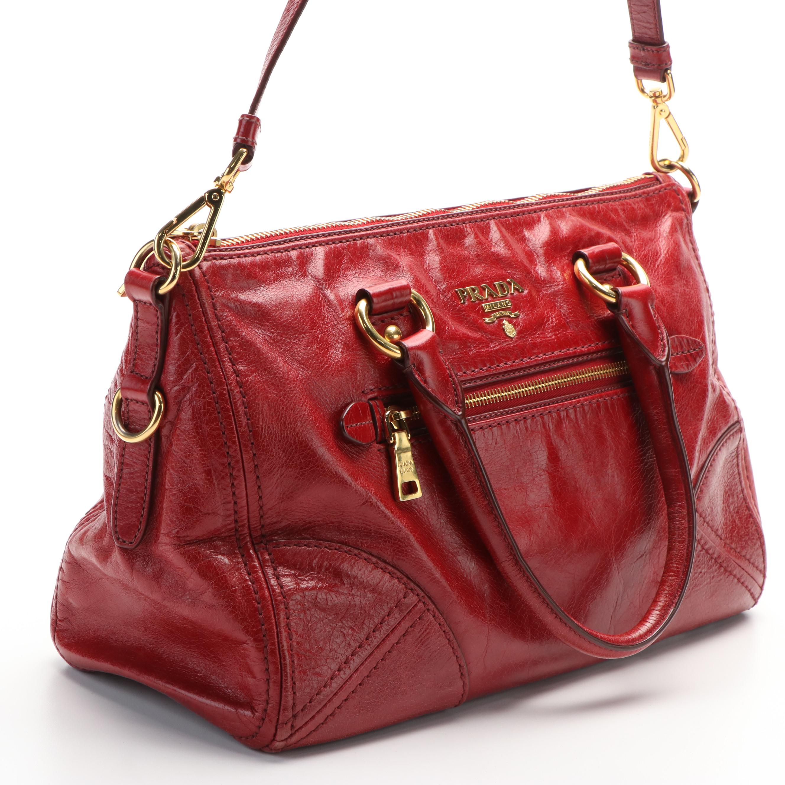 Prada Red Vitello Shine Leather Two Way Boston Bag