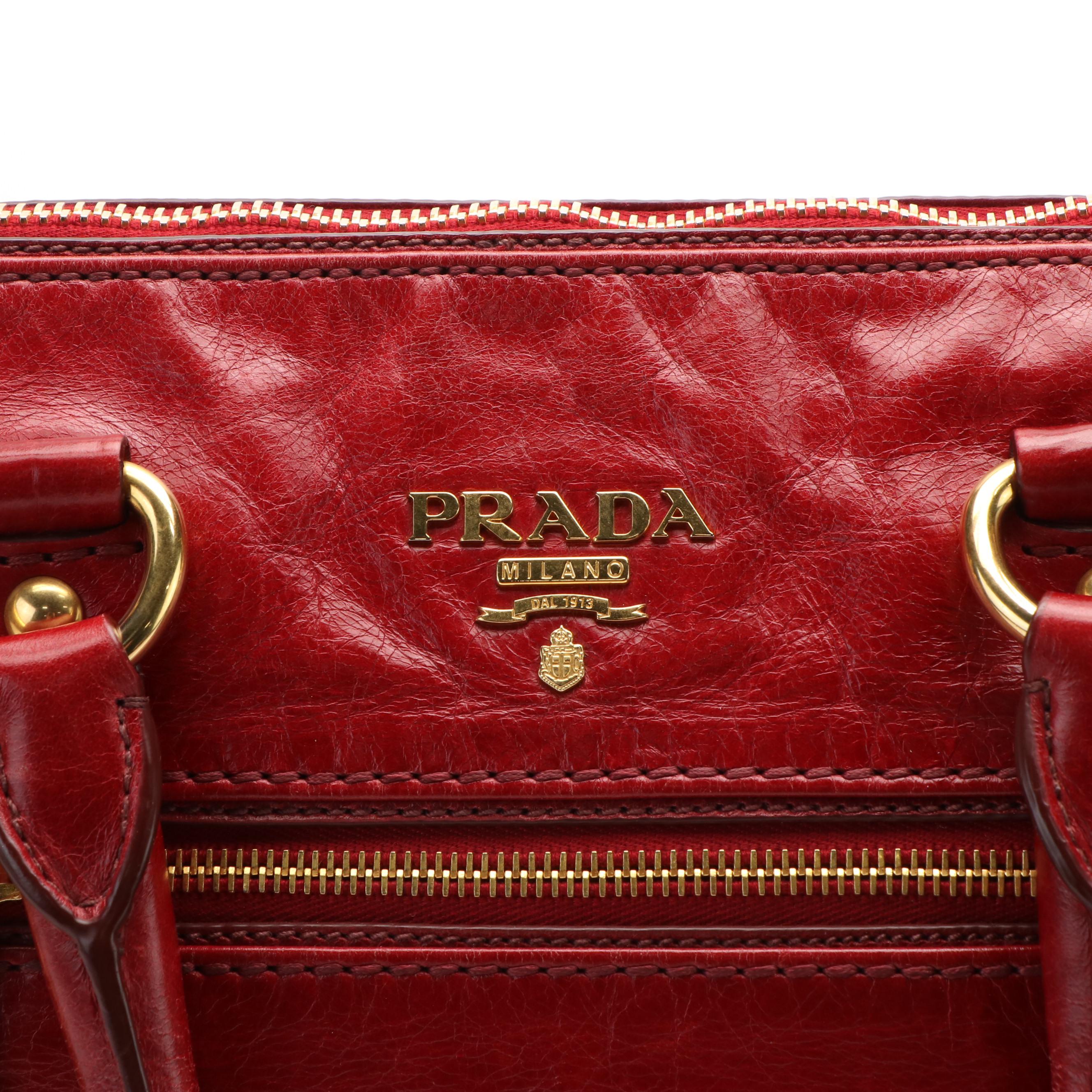 Prada Red Vitello Shine Leather Two Way Boston Bag