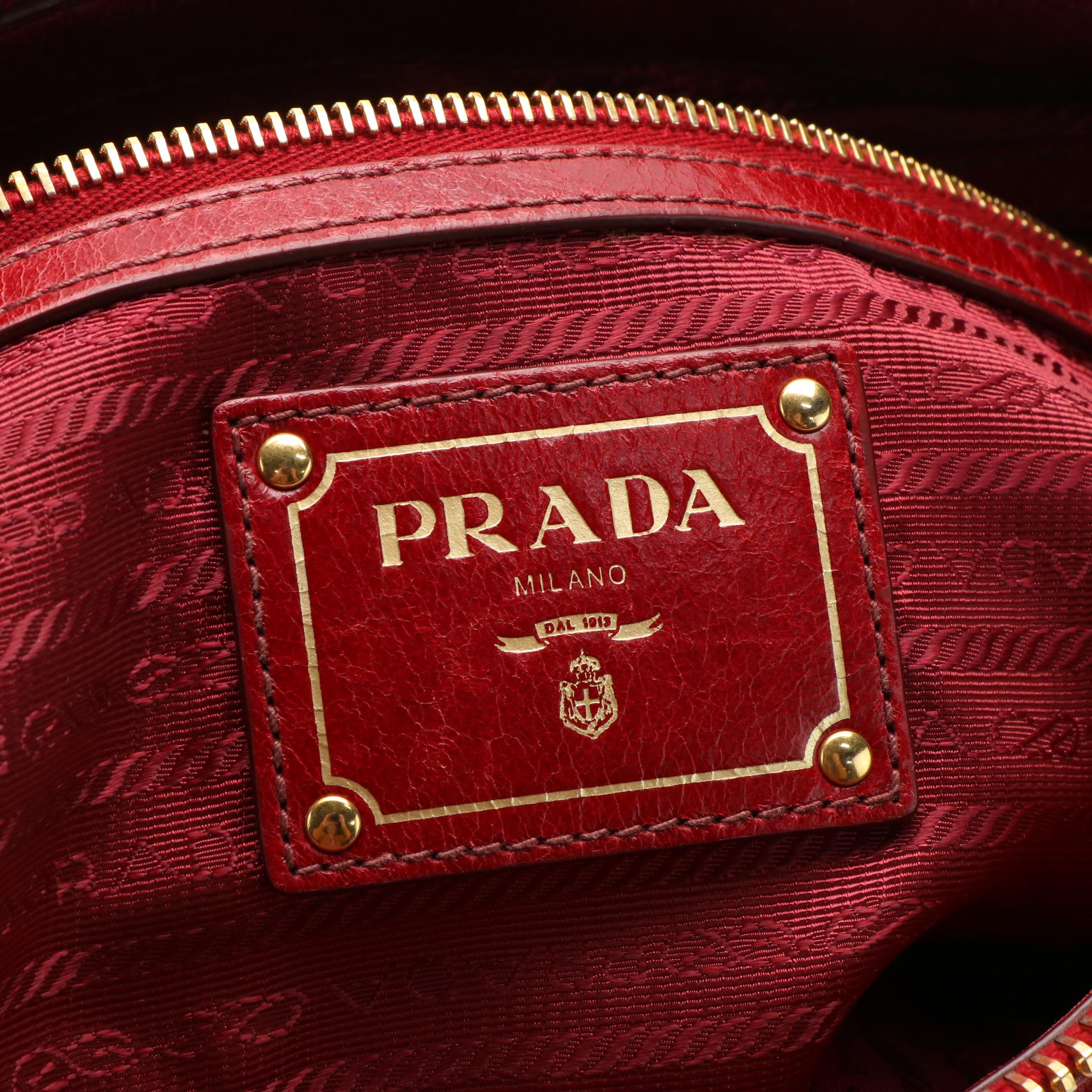 Prada Red Vitello Shine Leather Two Way Boston Bag