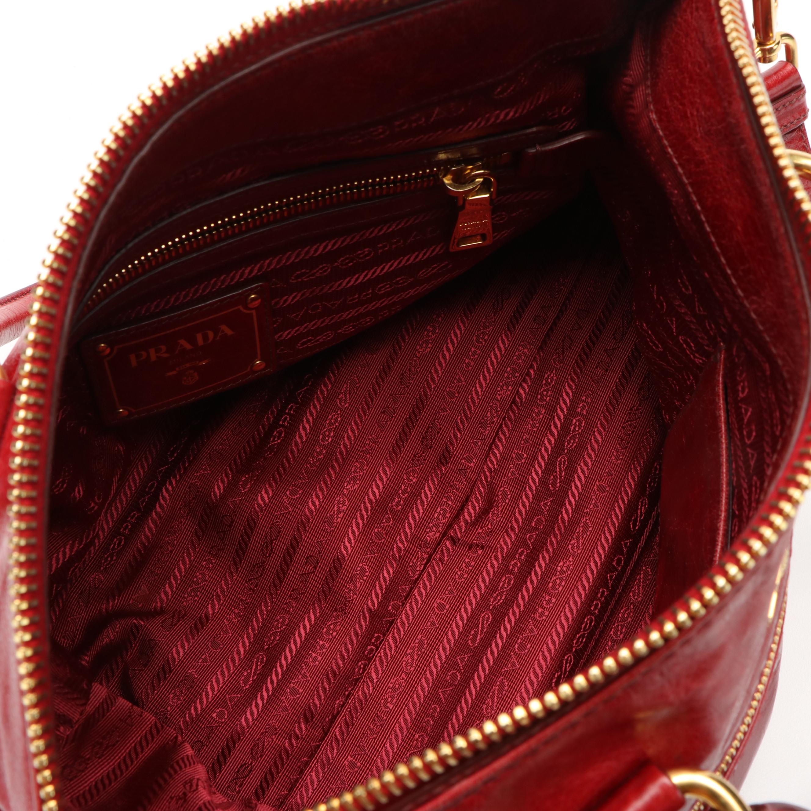 Prada Red Vitello Shine Leather Two Way Boston Bag