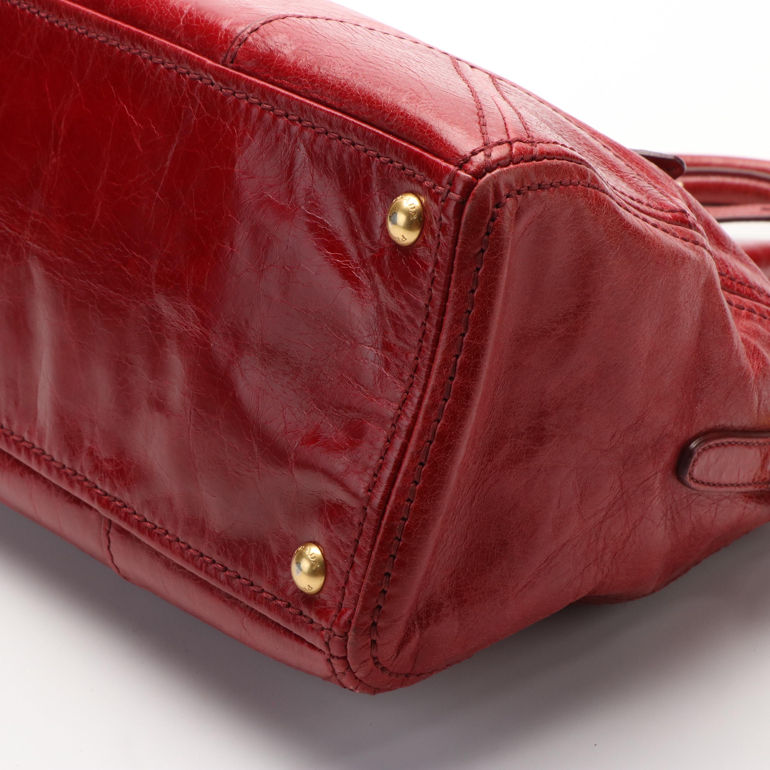 Prada Red Vitello Shine Leather Two Way Boston Bag