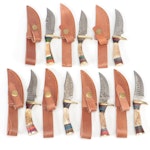 Handcrafted Damascus Steel and Antler Handled Skinner Knives with Scabbards