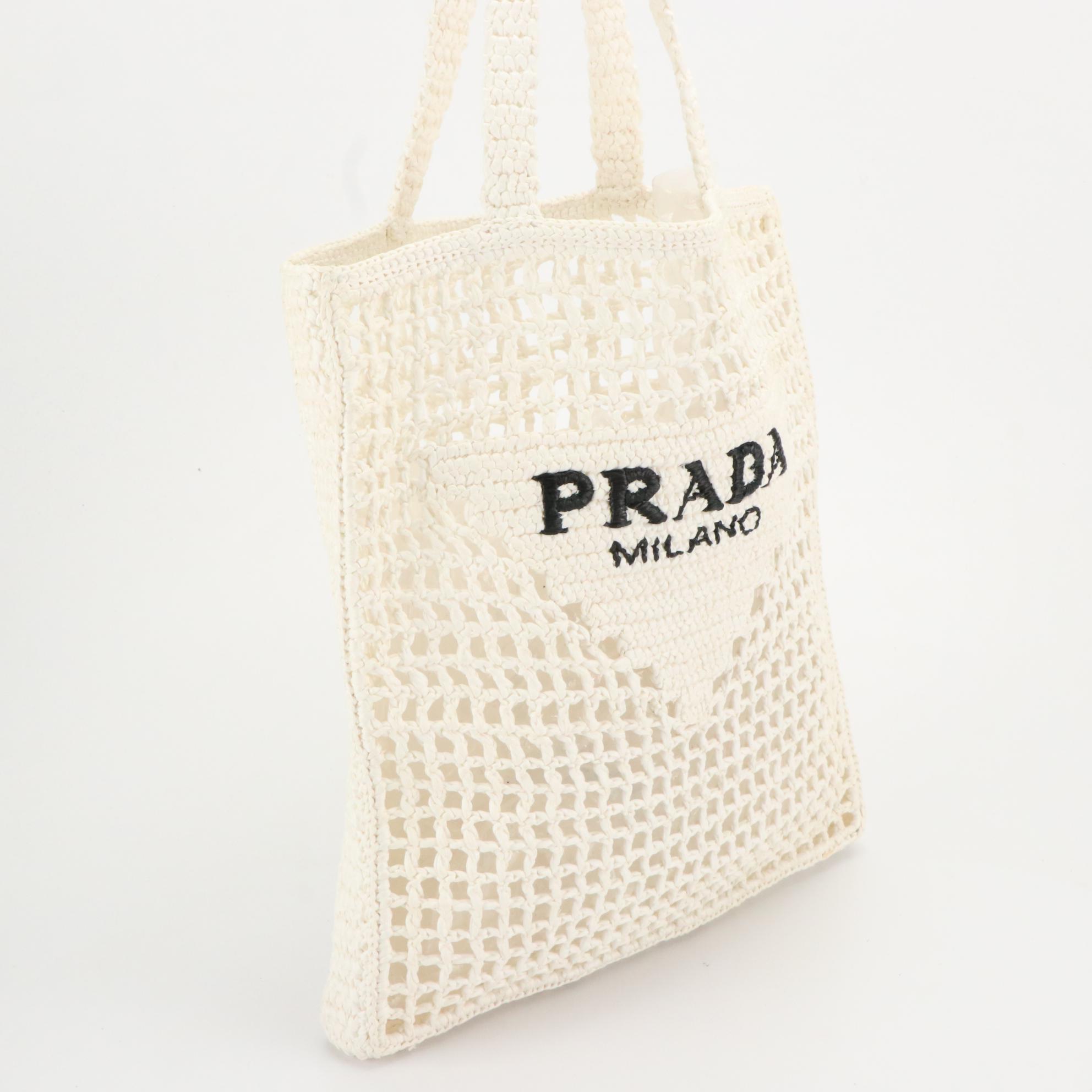 Prada Logo Embroidered Tote Bag in Bright White Crocheted Raffia
