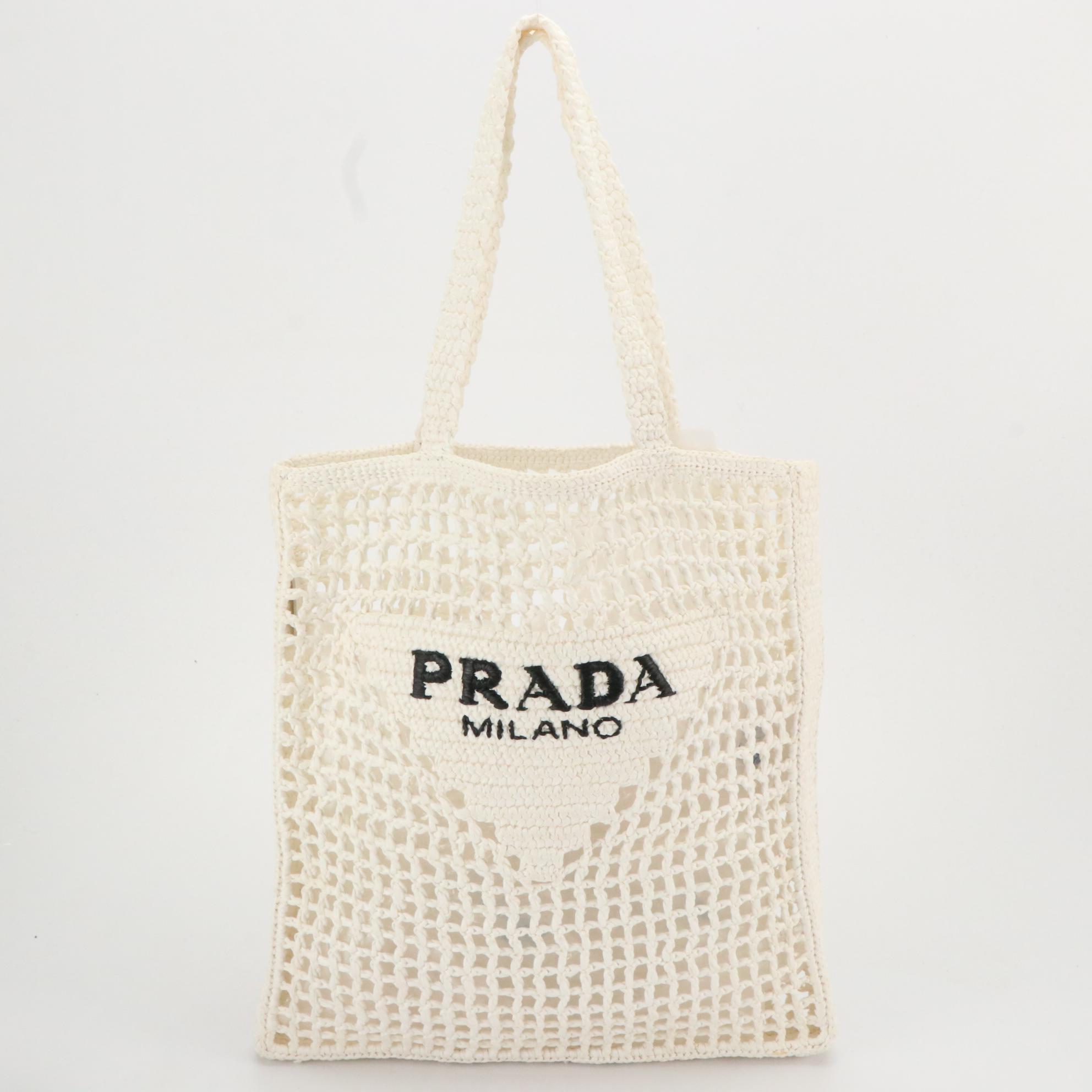 Prada Logo Embroidered Tote Bag in Bright White Crocheted Raffia