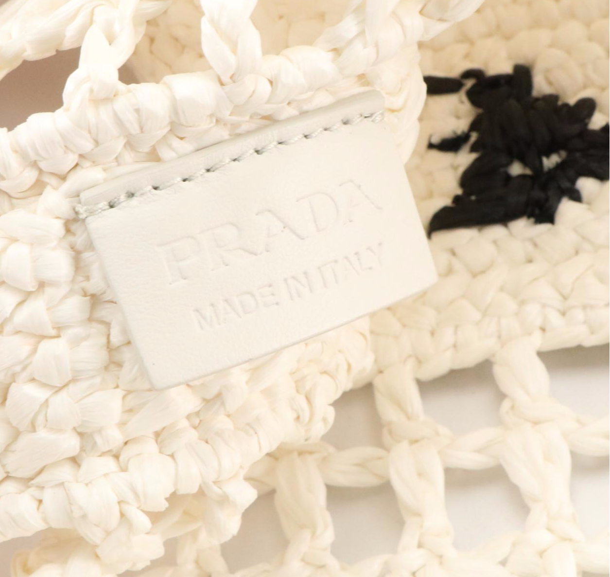 Prada Logo Embroidered Tote Bag in Bright White Crocheted Raffia