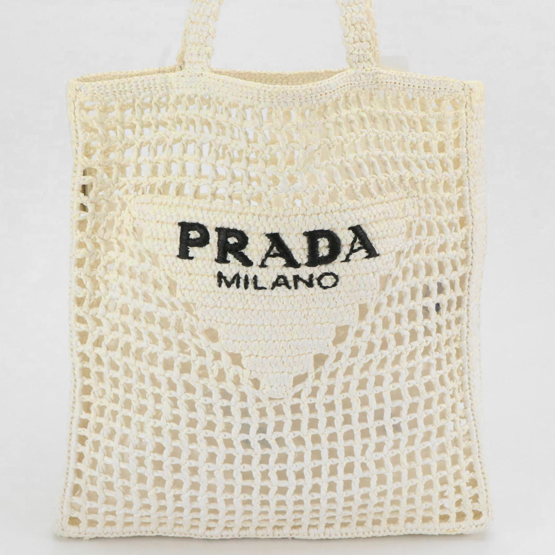 Prada Logo Embroidered Tote Bag in Bright White Crocheted Raffia