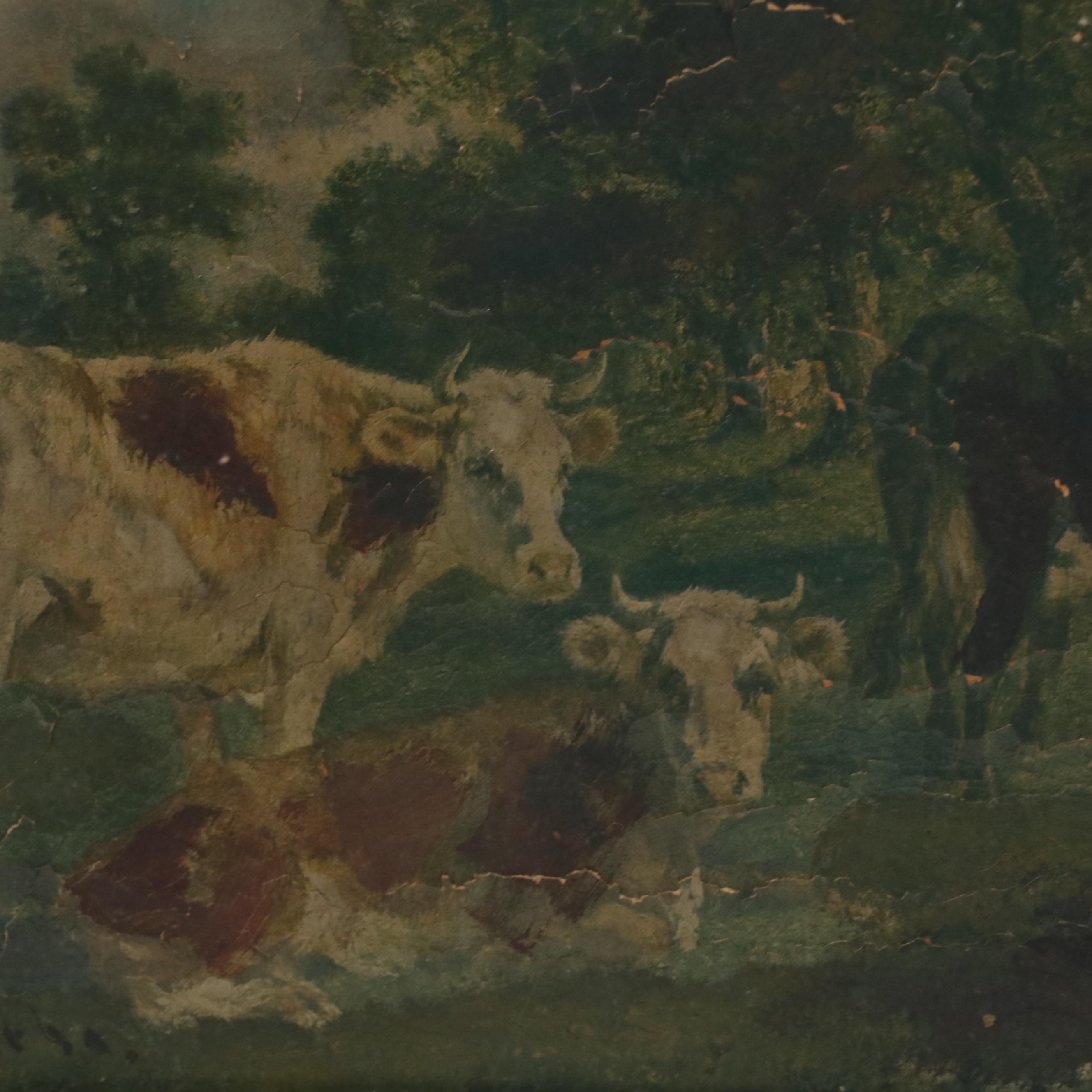Pastoral Oil Painting of Cows in Field, 19th Century