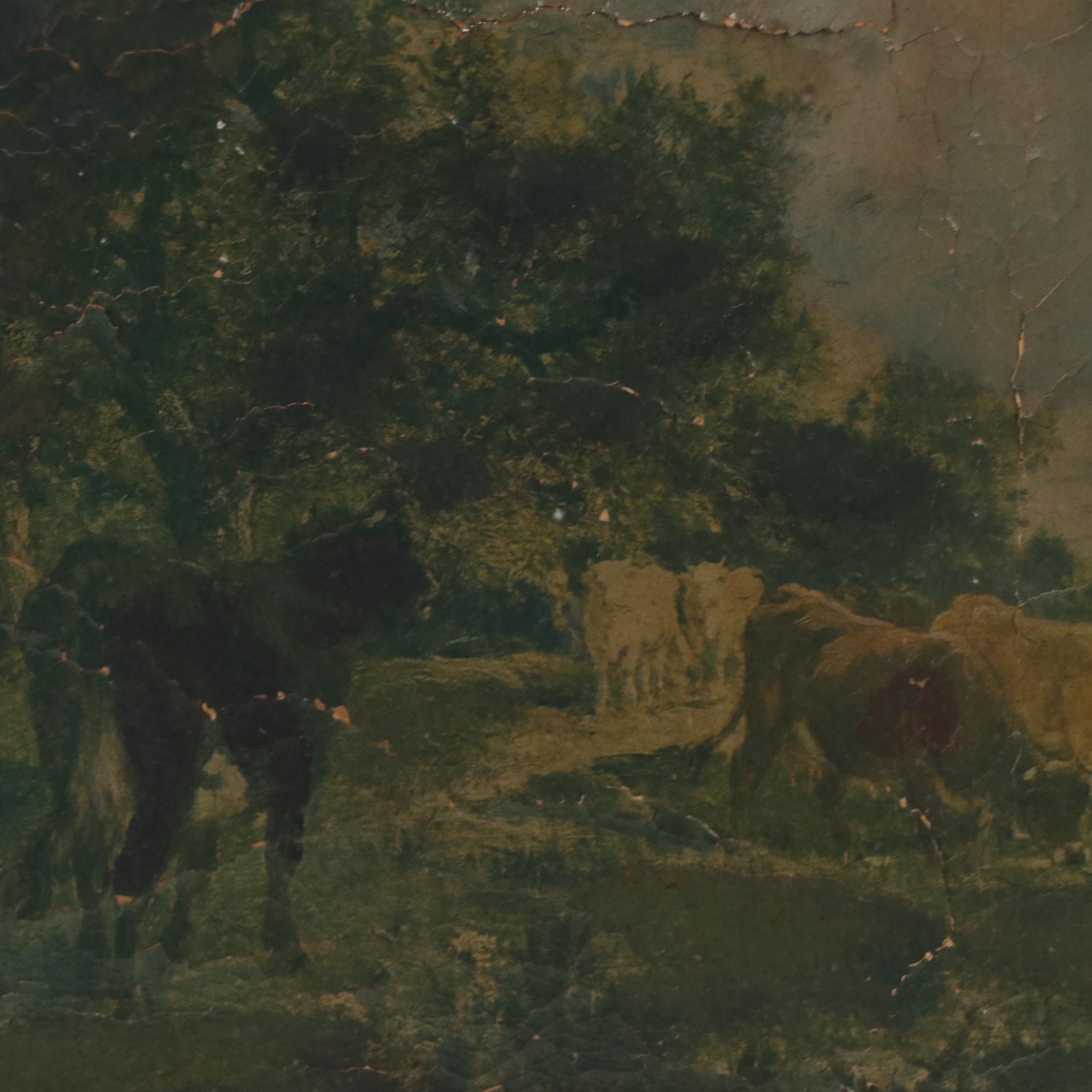 Pastoral Oil Painting of Cows in Field, 19th Century