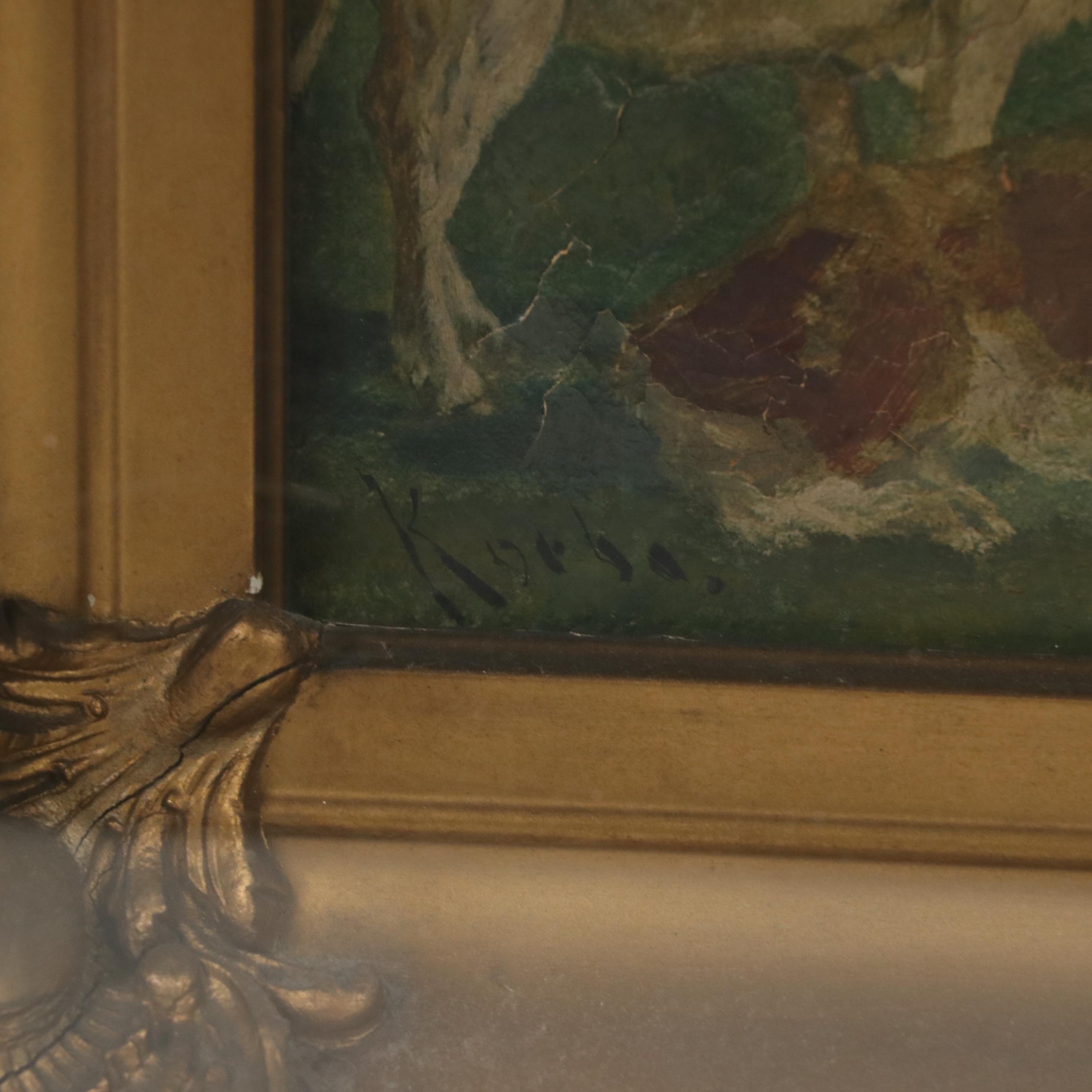 Pastoral Oil Painting of Cows in Field, 19th Century