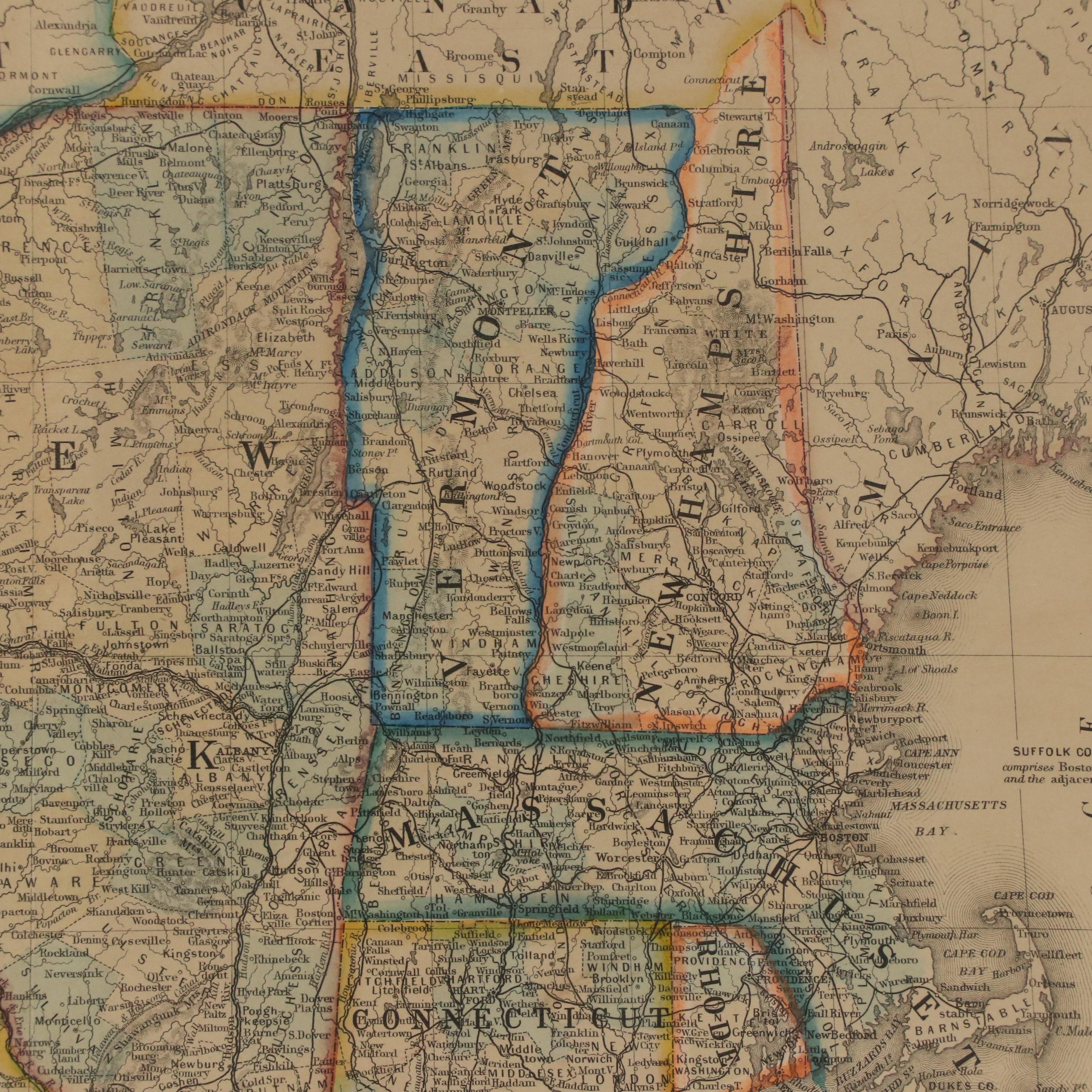 Hand-Colored Lithograph Map of New England