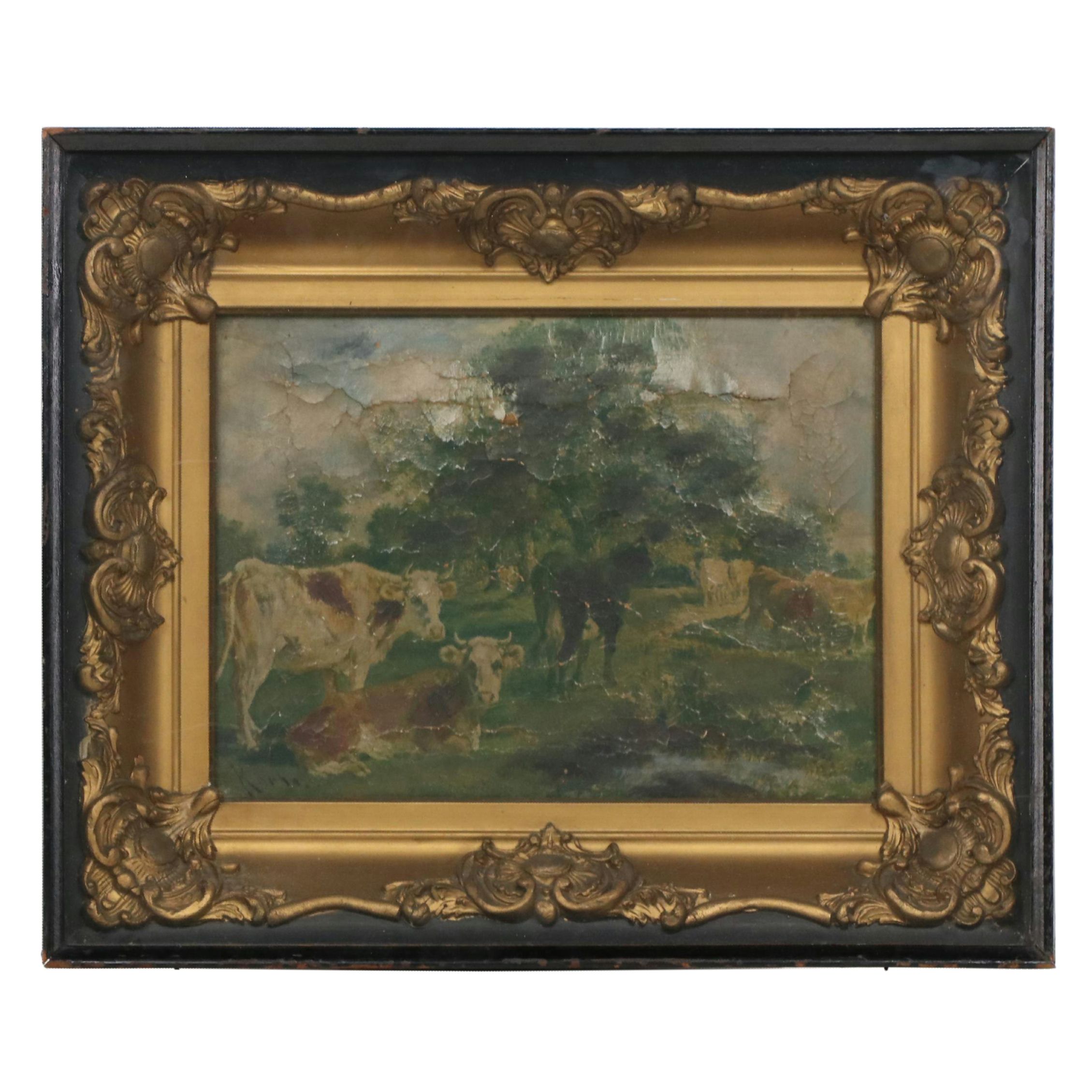 Pastoral Oil Painting of Cows in Field, 19th Century