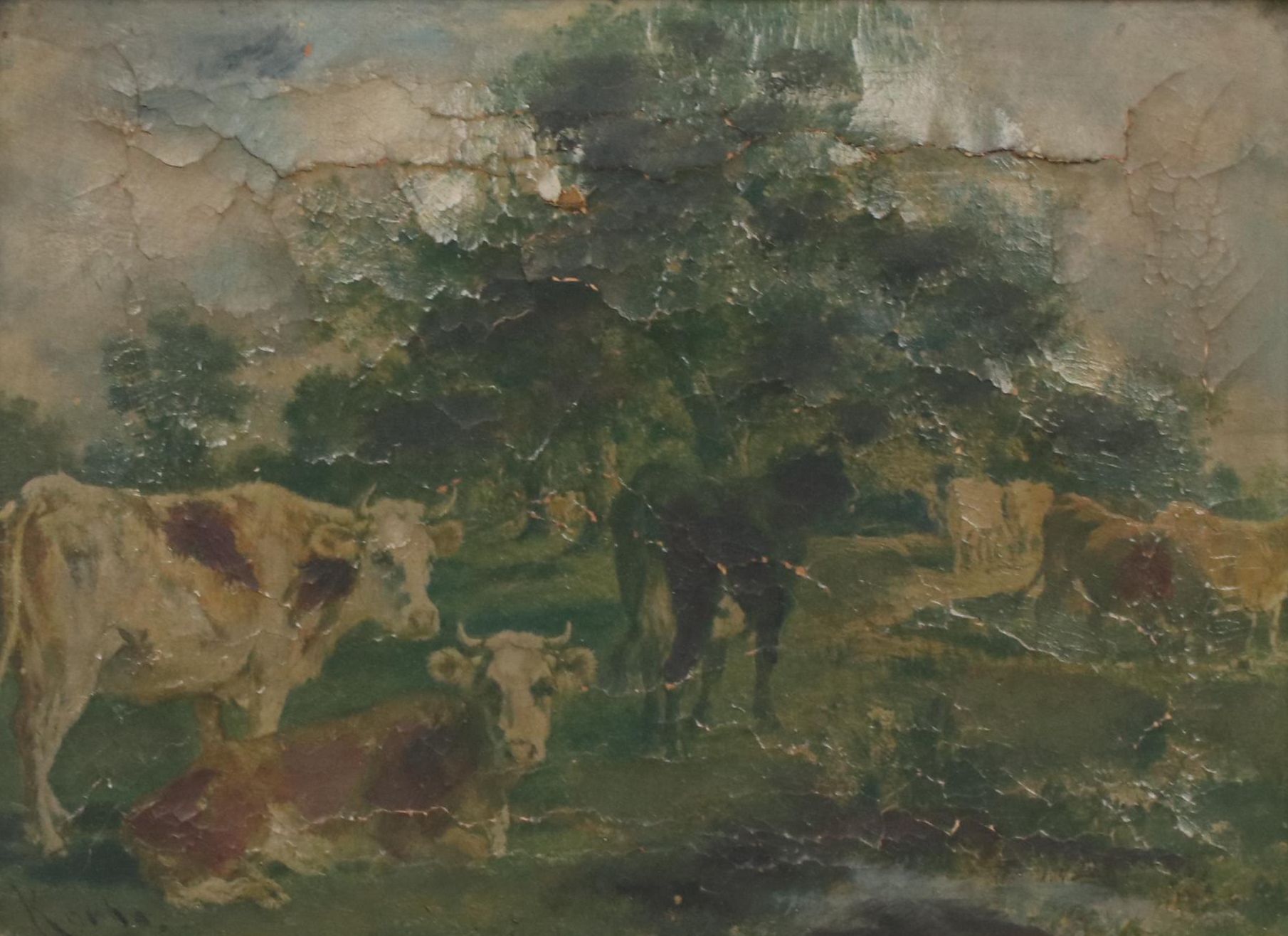 Pastoral Oil Painting of Cows in Field, 19th Century
