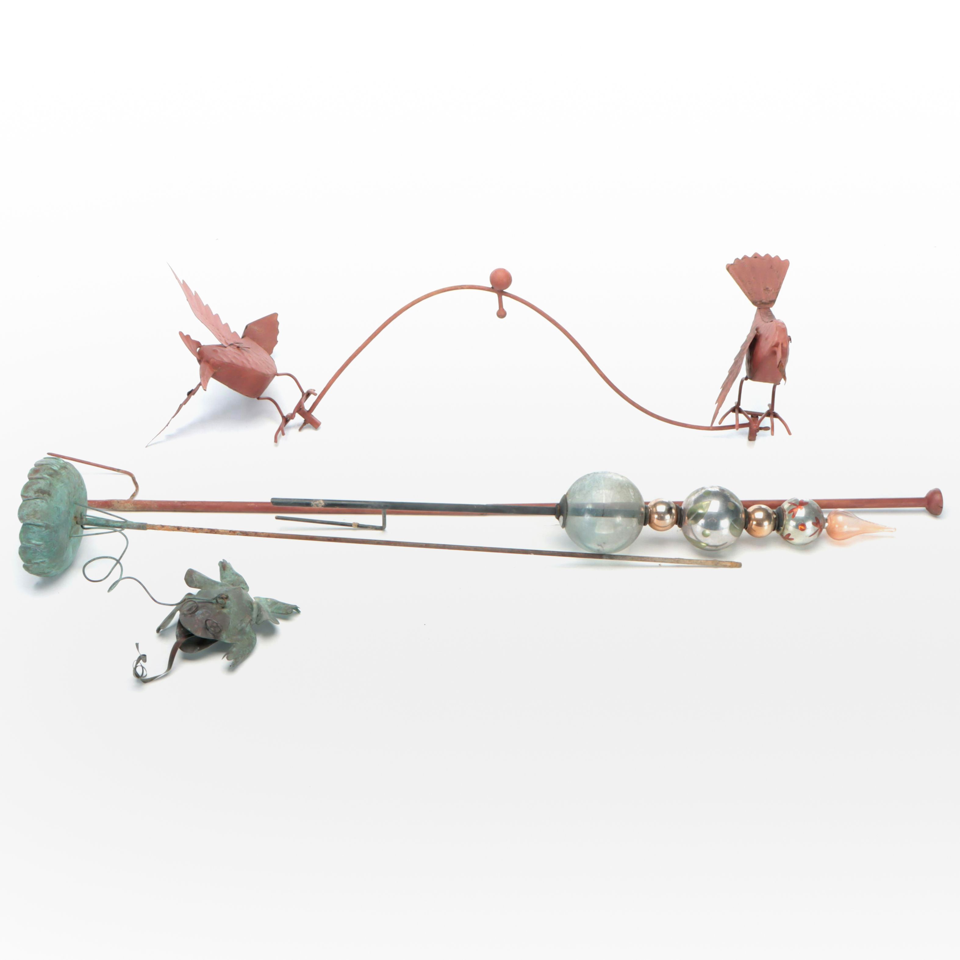 Folk Art Cardinal Kinetic Yard Art With Copper Frog and Glass Orbs