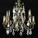 Wrought Iron 18-Arm and Crystal Chandelier With Toleware Floral Accents