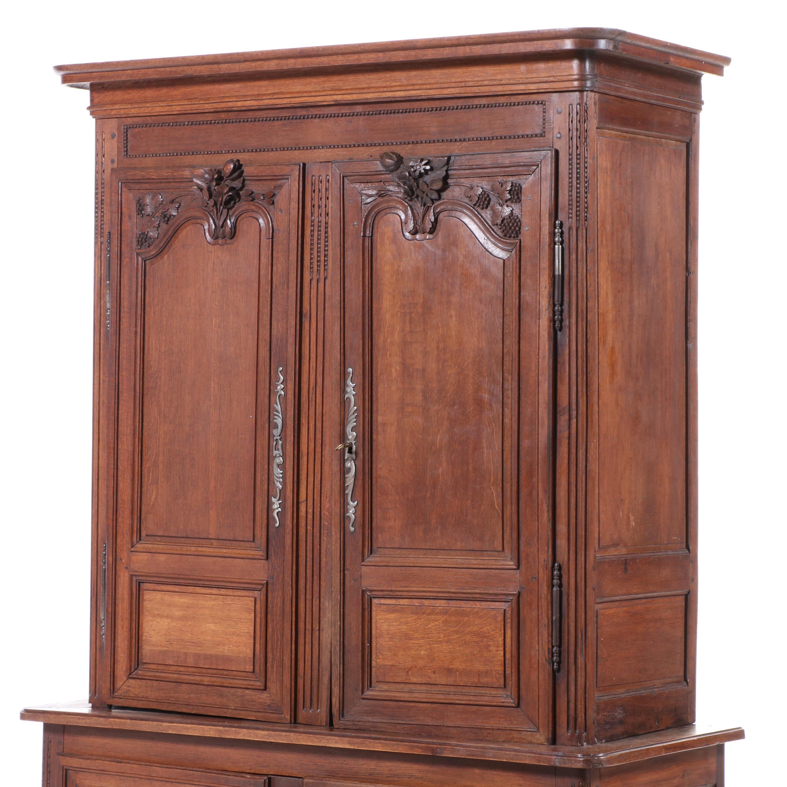 French Provincial Oak Two-Part Cabinet, 19th Century