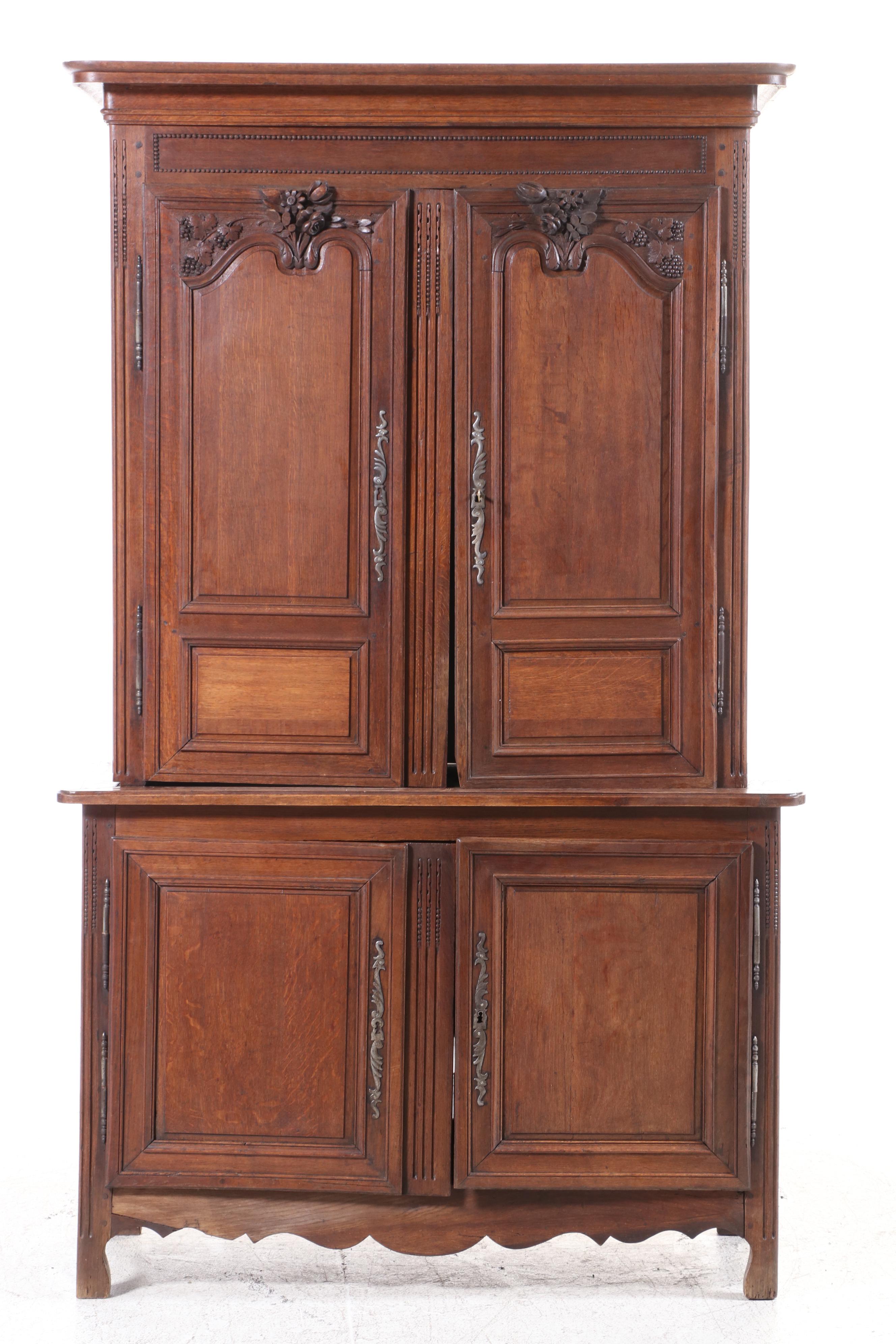 French Provincial Oak Two-Part Cabinet, 19th Century