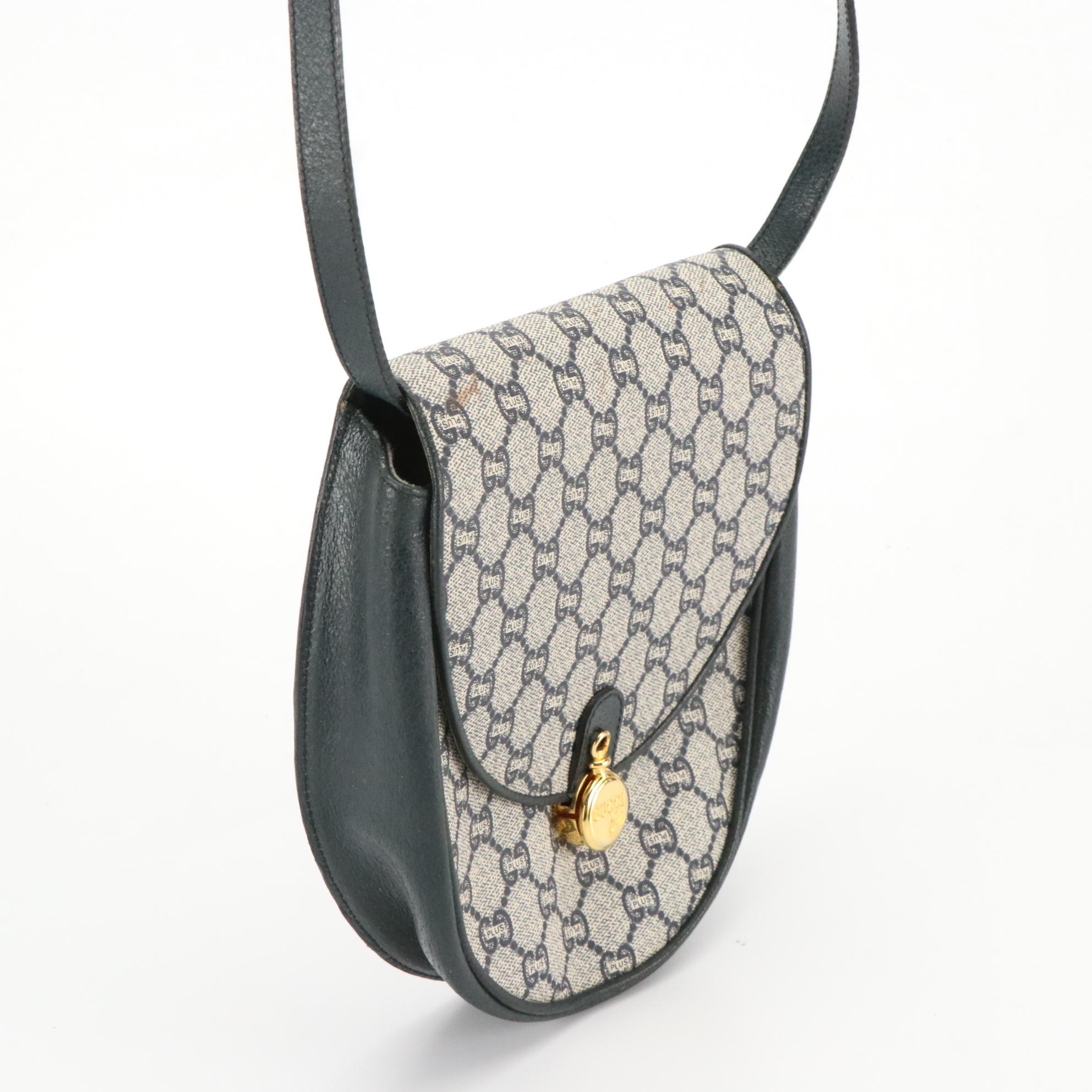 Gucci Plus Front Flap Crossbody Bag in Navy Blue GG Plus Canvas and Leather Trim
