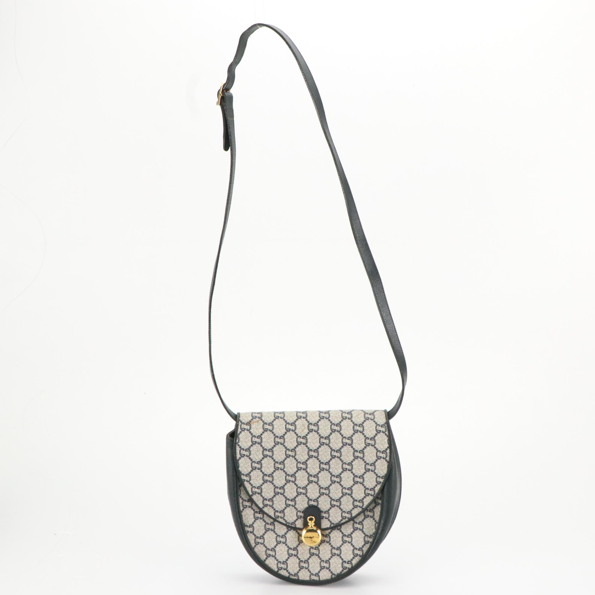 Gucci Plus Front Flap Crossbody Bag in Navy Blue GG Plus Canvas and Leather Trim