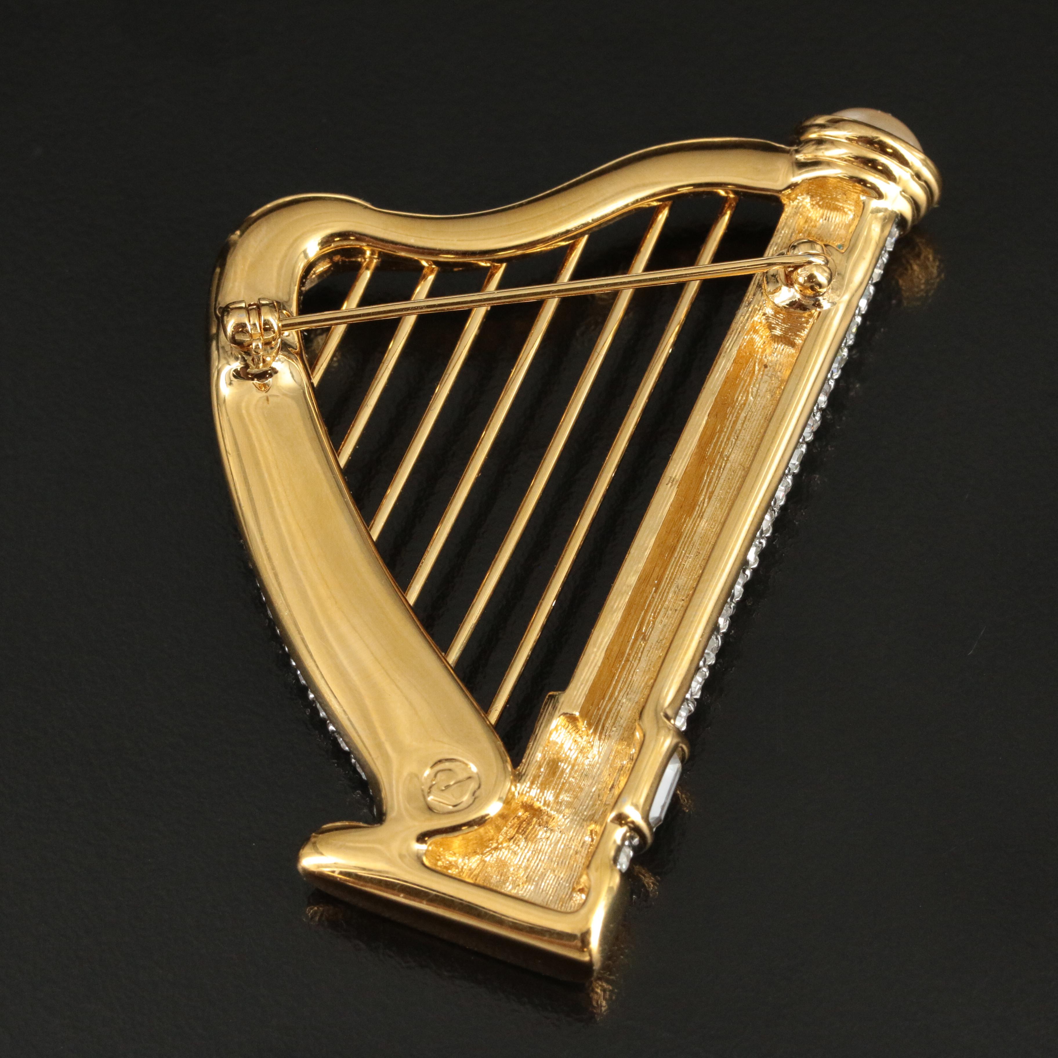Swarovski Crystal and Faux Pearl Harp Brooch