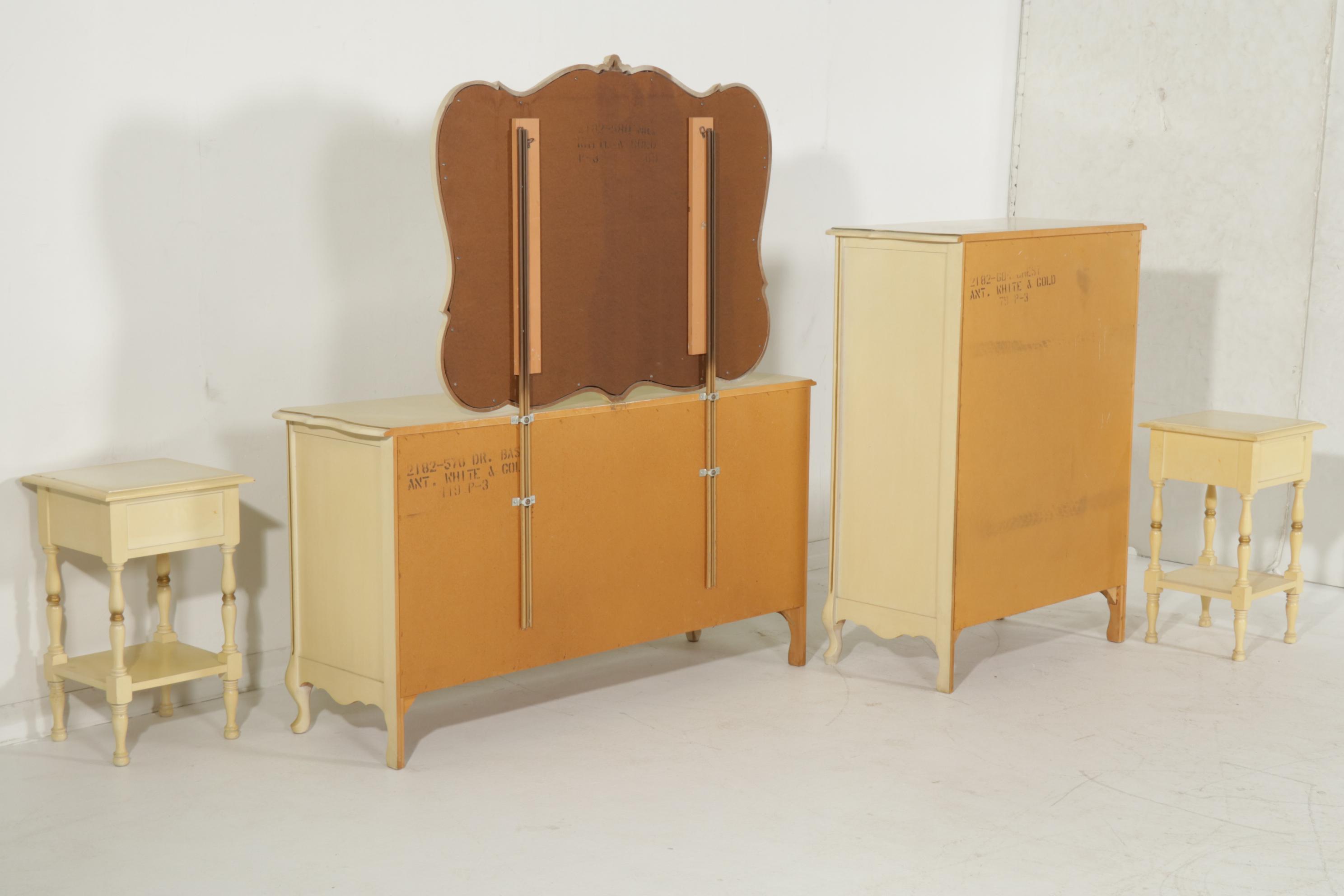 French Provincial Style Painted Wood and Gilt-Decorated Bedroom Suite